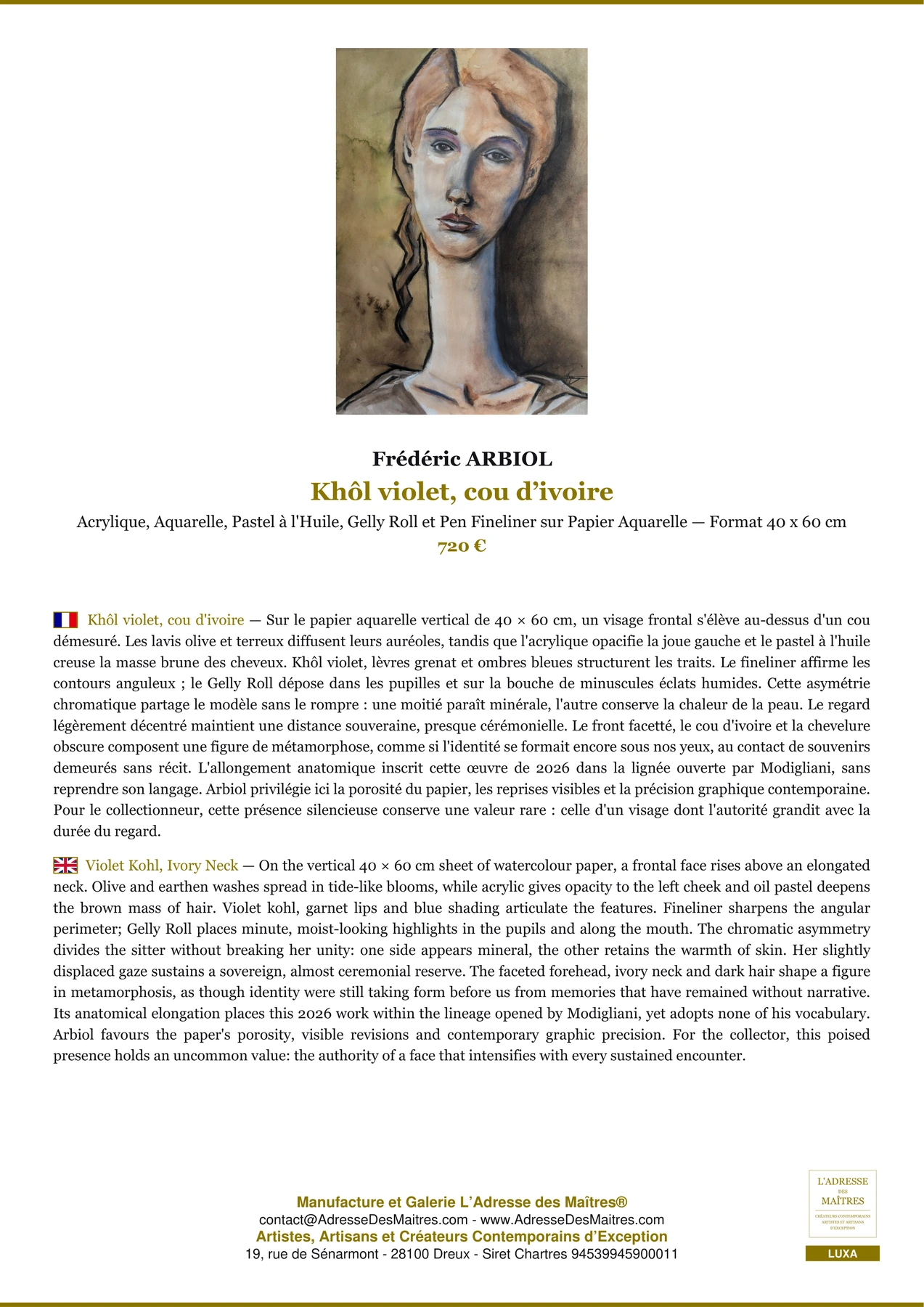 Fiche Premium - Khôl violet, cou d’ivoire - Frédéric ARBIOL - L'Adresse des Maîtres®