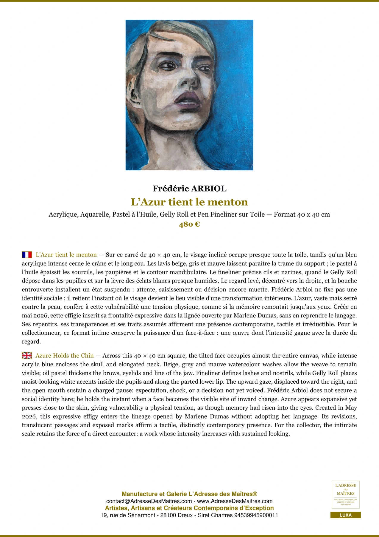 Fiche Premium - L’Azur tient le menton - Frédéric ARBIOL - L'Adresse des Maîtres®