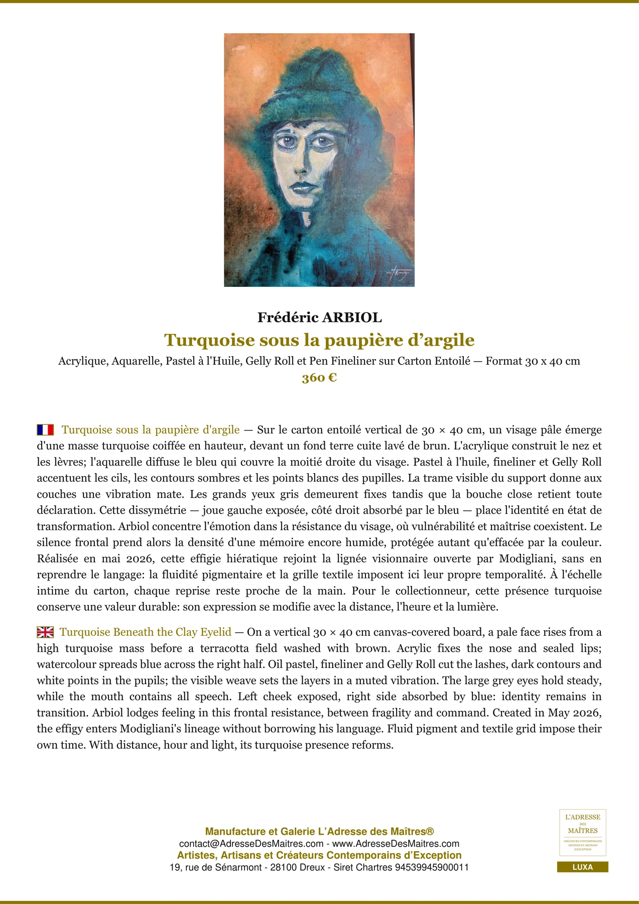 Fiche Premium - Turquoise sous la paupière d’argile - Frédéric ARBIOL - L'Adresse des Maîtres®
