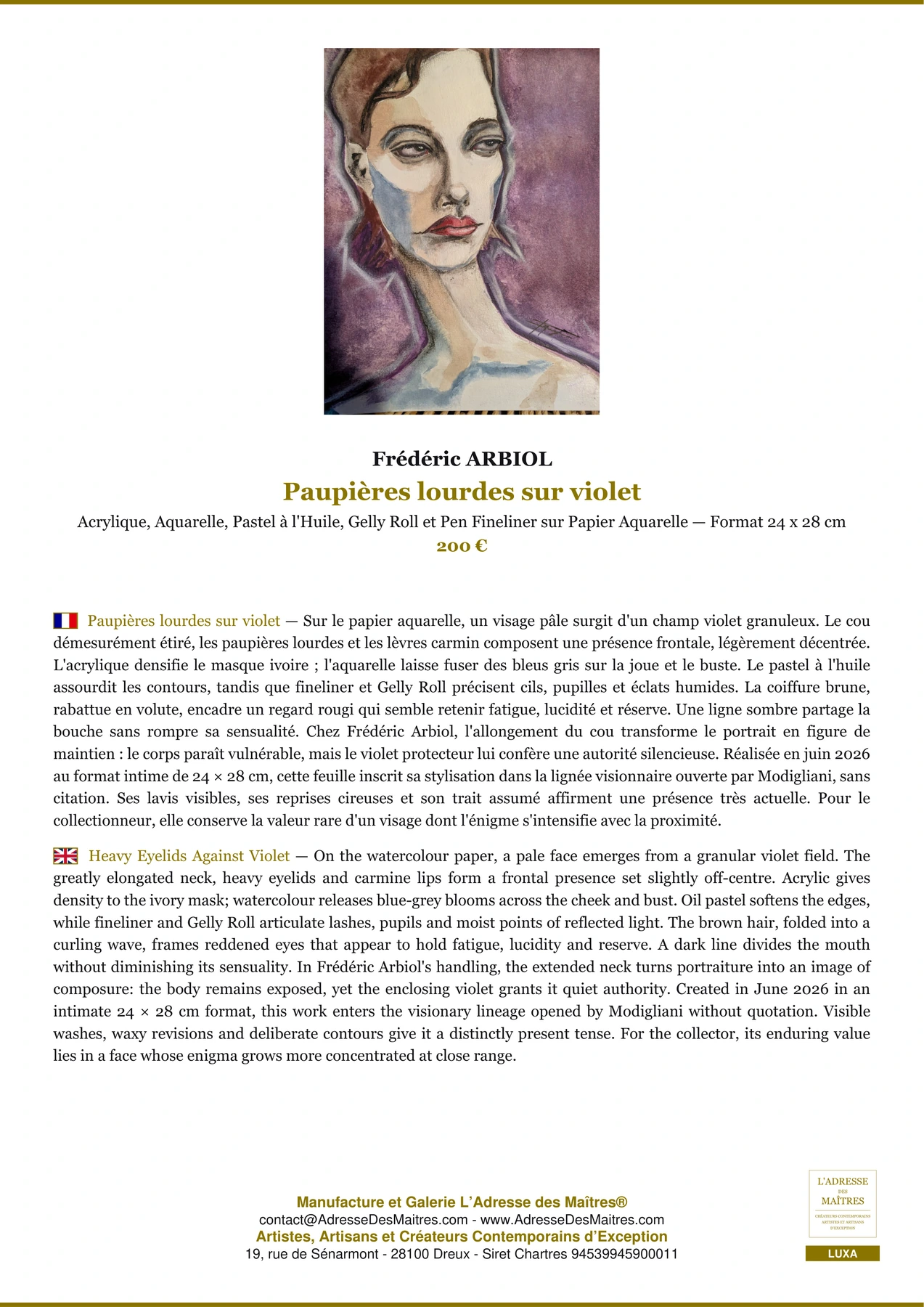 Fiche Premium - Paupières lourdes sur violet - Frédéric ARBIOL - L'Adresse des Maîtres®