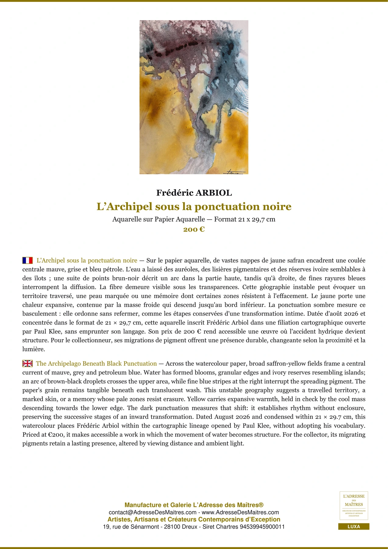 Fiche Premium - L’Archipel sous la ponctuation noire - Frédéric ARBIOL - L'Adresse des Maîtres®