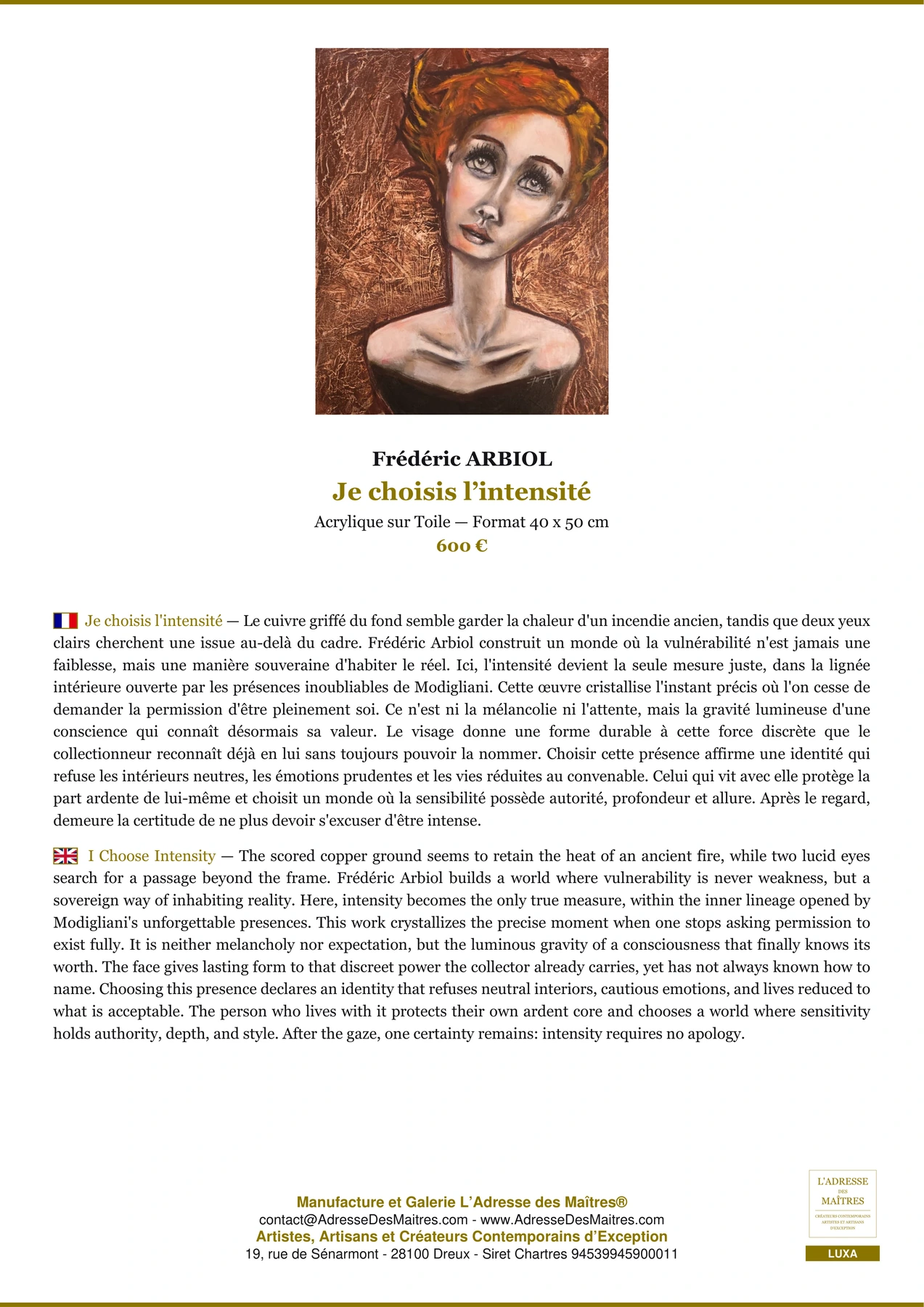 Fiche Premium - Je choisis l’intensité - Frédéric ARBIOL - L'Adresse des Maîtres®