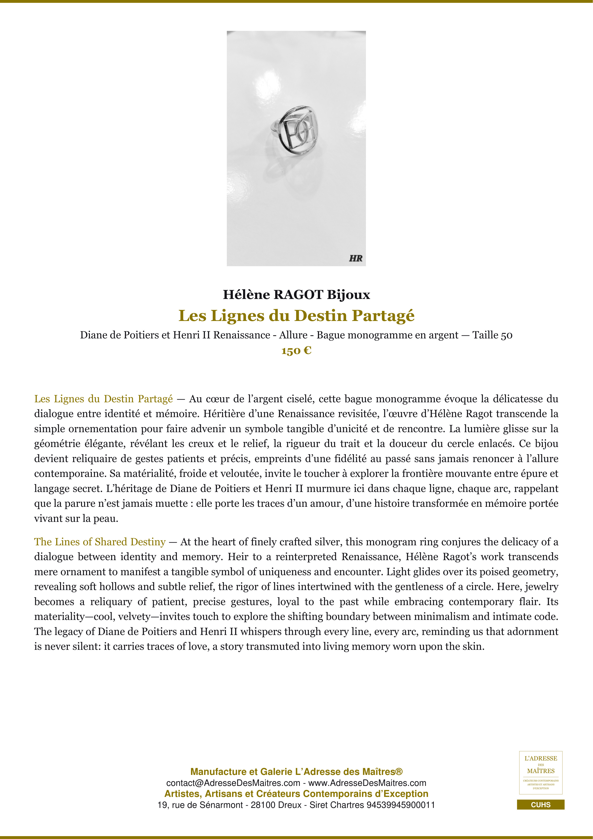 Fiche Premium — Les Lignes du Destin Partagé — Hélène RAGOT Bijoux — L'Adresse des Maîtres®