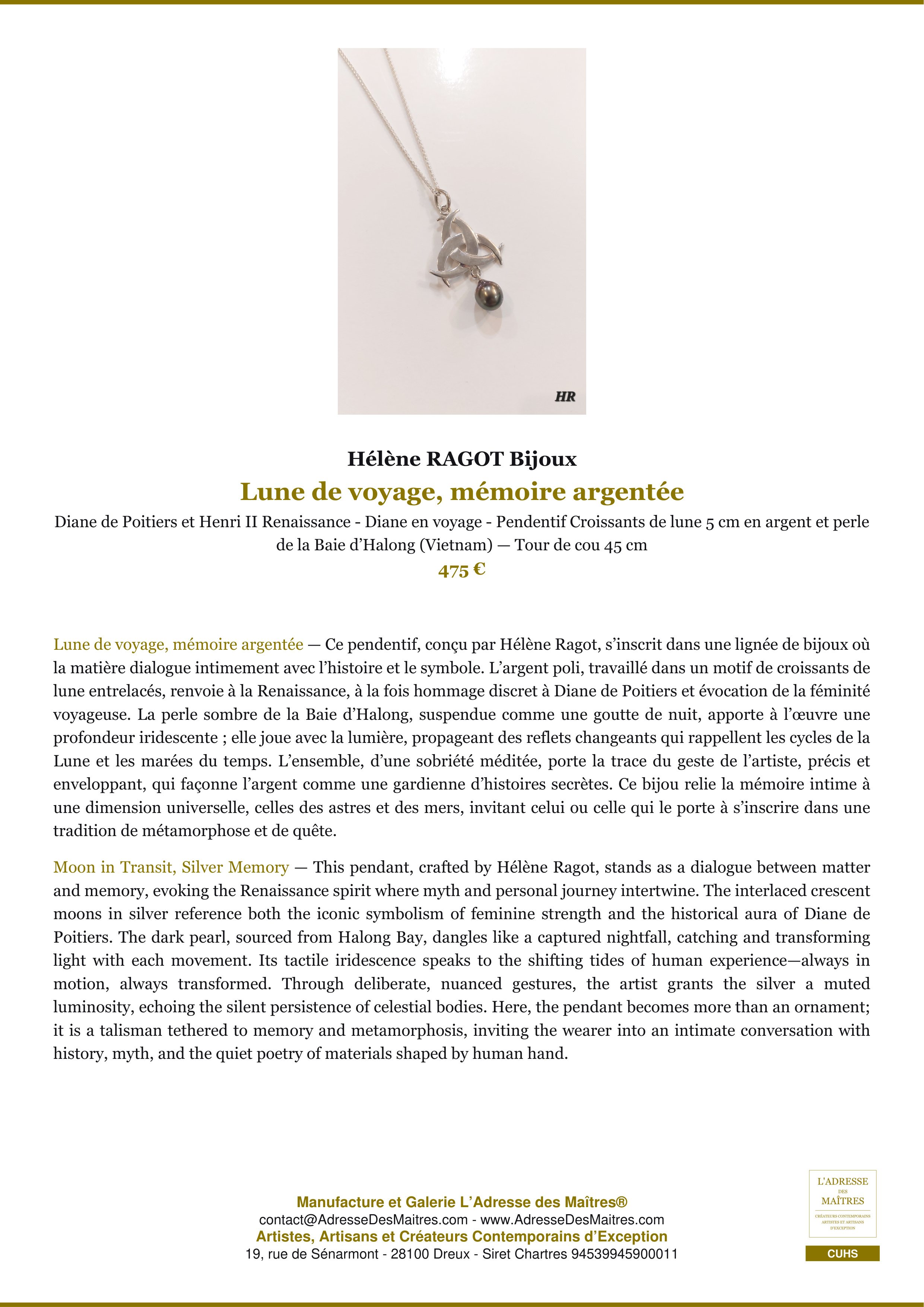 Fiche Premium — Lune de voyage, mémoire argentée — Hélène RAGOT Bijoux — L'Adresse des Maîtres®
