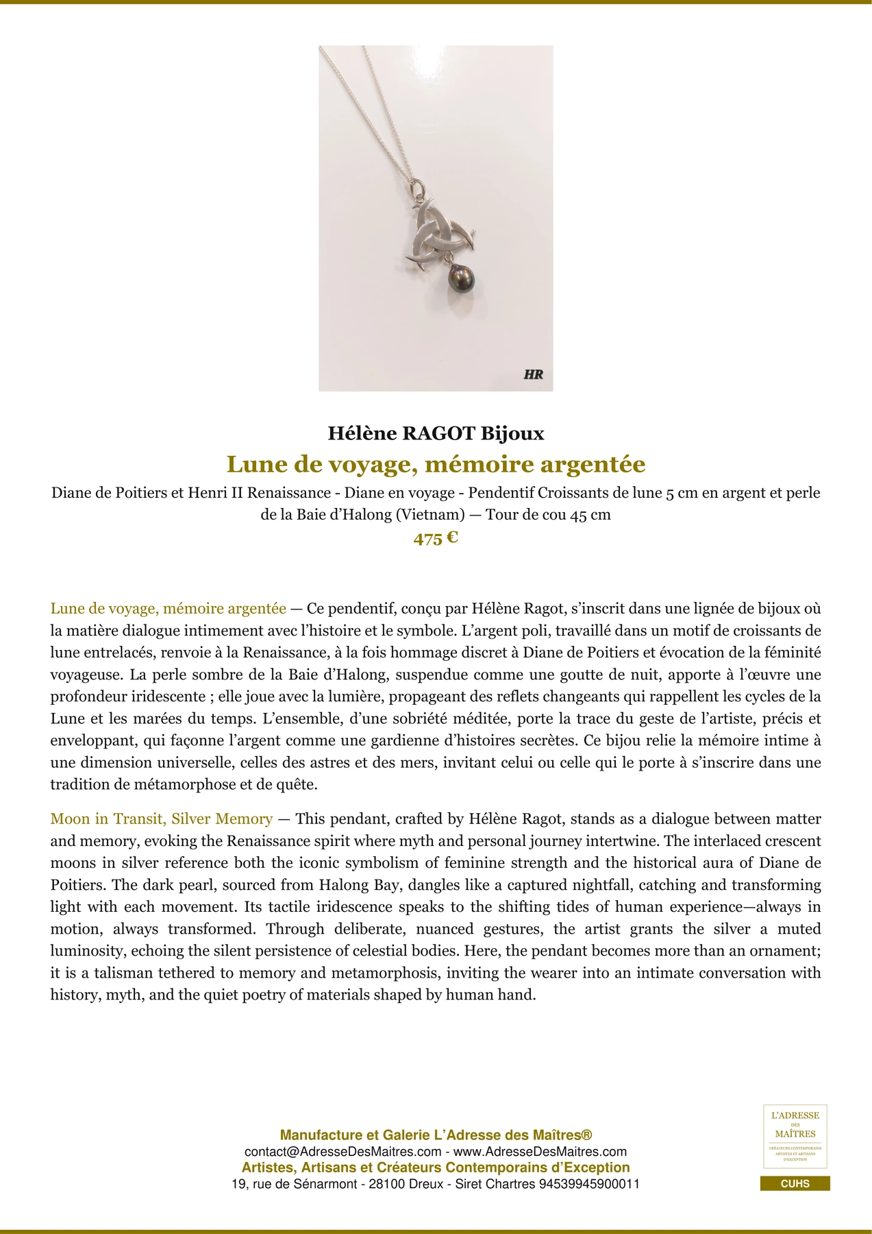 Fiche Premium - Lune de voyage, mémoire argentée - Hélène RAGOT Bijoux - L'Adresse des Maîtres®
