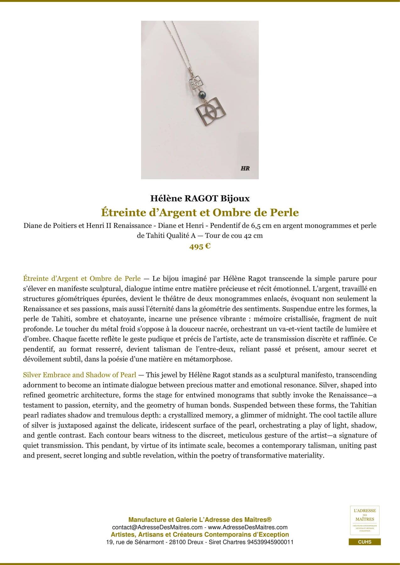 Fiche Premium - Étreinte d’Argent et Ombre de Perle - Hélène RAGOT Bijoux - L'Adresse des Maîtres®