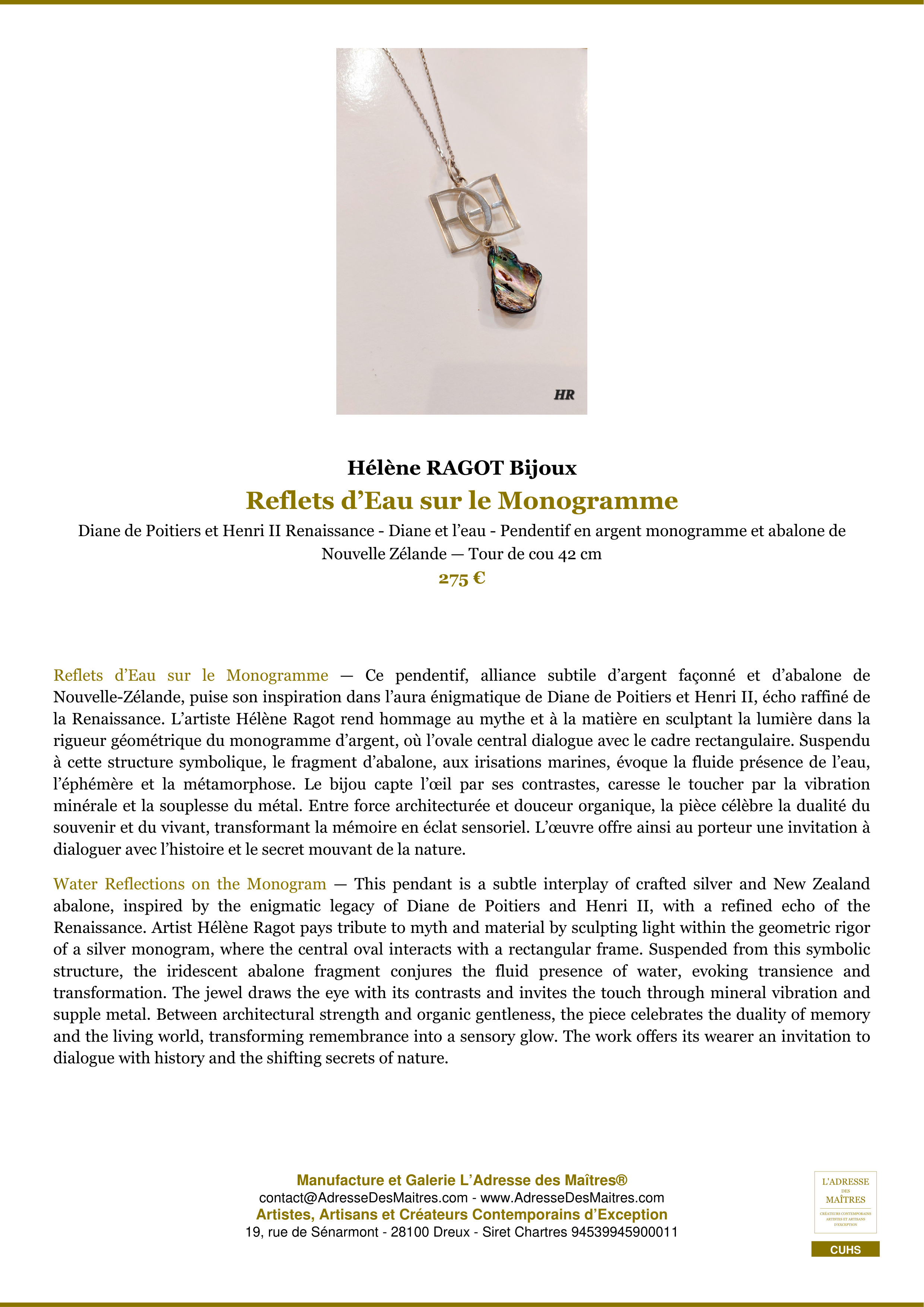Fiche Premium — Reflets d’Eau sur le Monogramme — Hélène RAGOT Bijoux — L'Adresse des Maîtres®