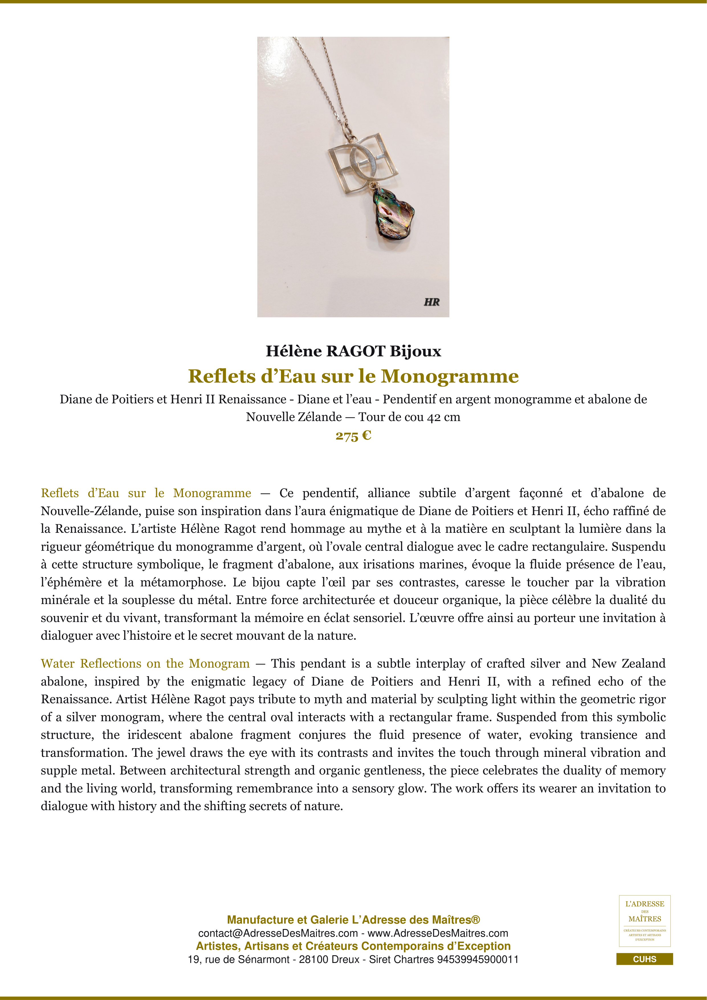 Fiche Premium — Reflets d’Eau sur le Monogramme — Hélène RAGOT Bijoux — L'Adresse des Maîtres®