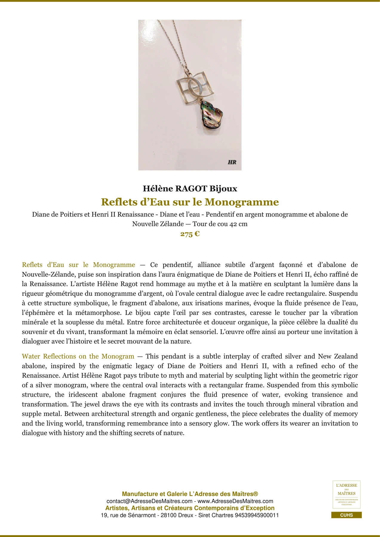 Fiche Premium - Reflets d’Eau sur le Monogramme - Hélène RAGOT Bijoux - L'Adresse des Maîtres®