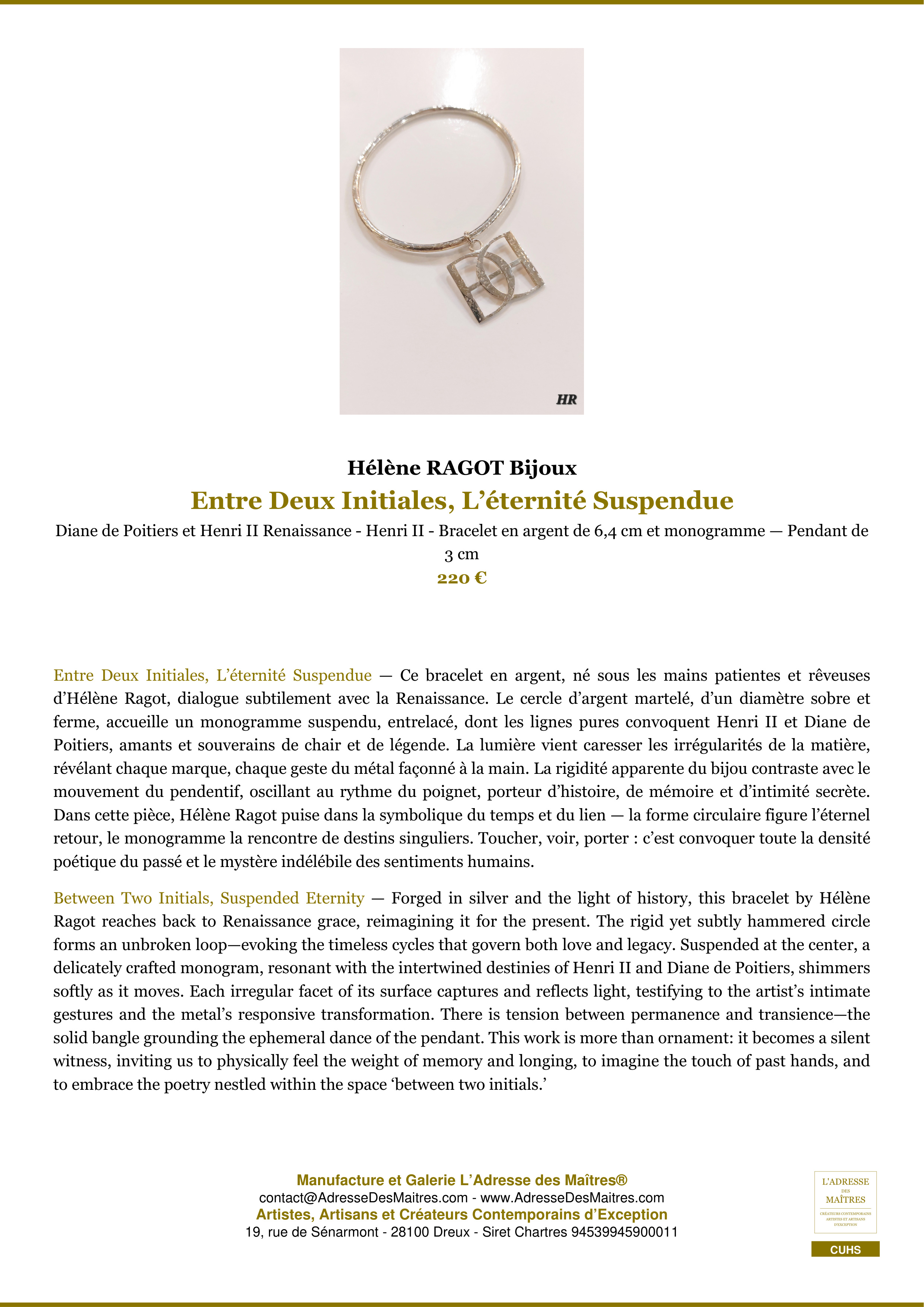 Fiche Premium — Entre Deux Initiales, L’éternité Suspendue — Hélène RAGOT Bijoux — L'Adresse des Maîtres®