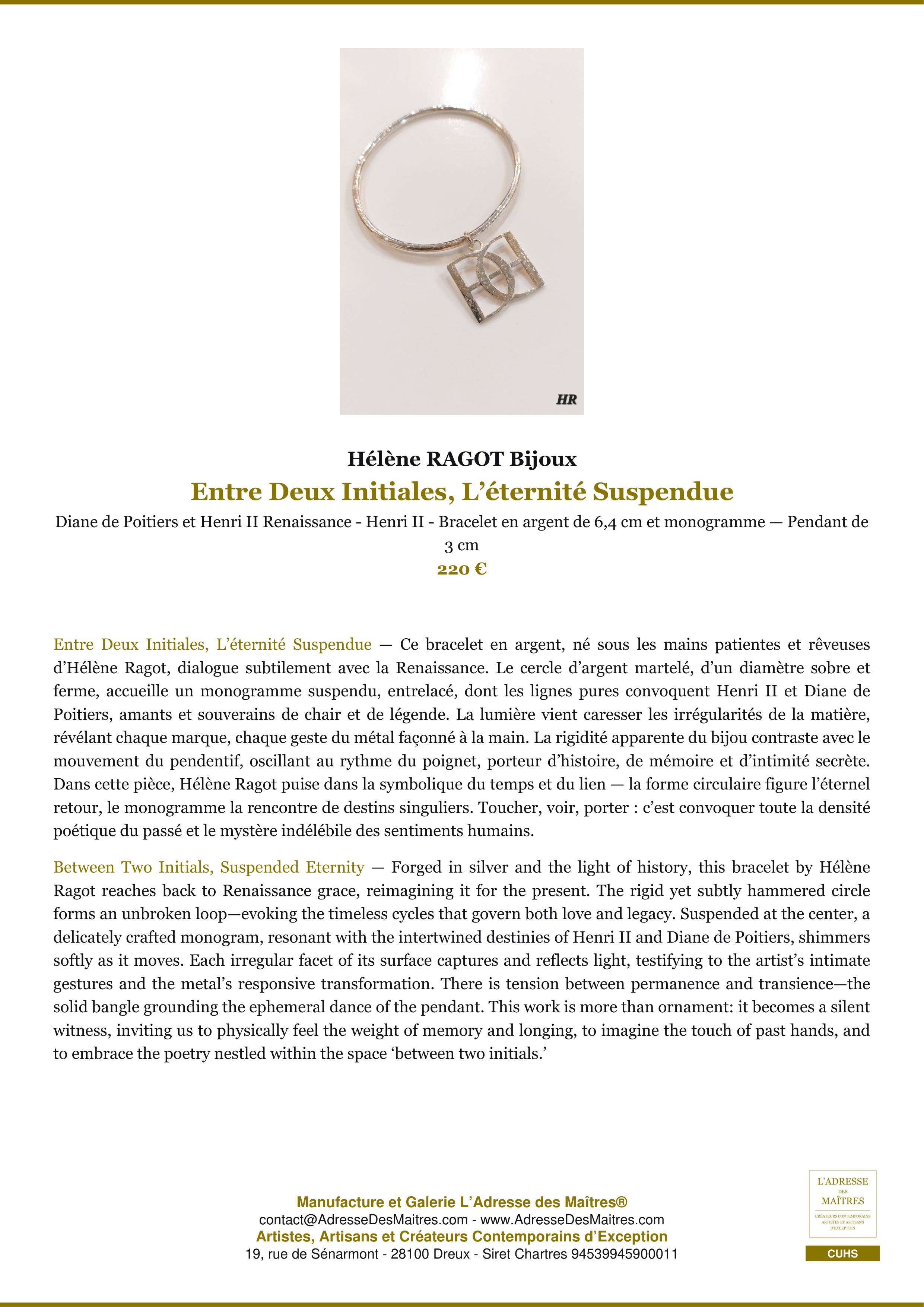 Fiche Premium — Entre Deux Initiales, L’éternité Suspendue — Hélène RAGOT Bijoux — L'Adresse des Maîtres®