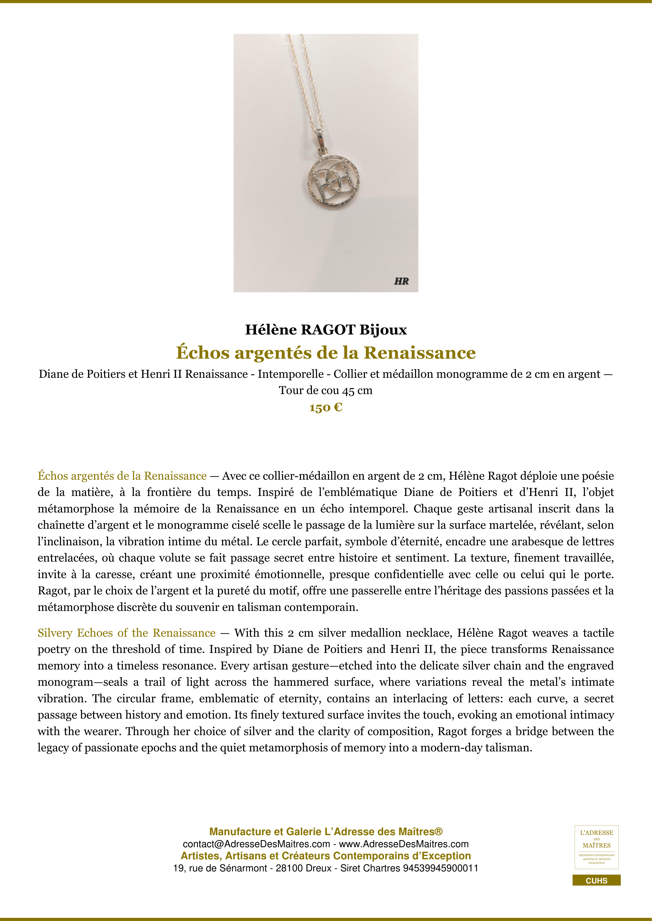 Fiche Premium — Échos argentés de la Renaissance — Hélène RAGOT Bijoux — L'Adresse des Maîtres®