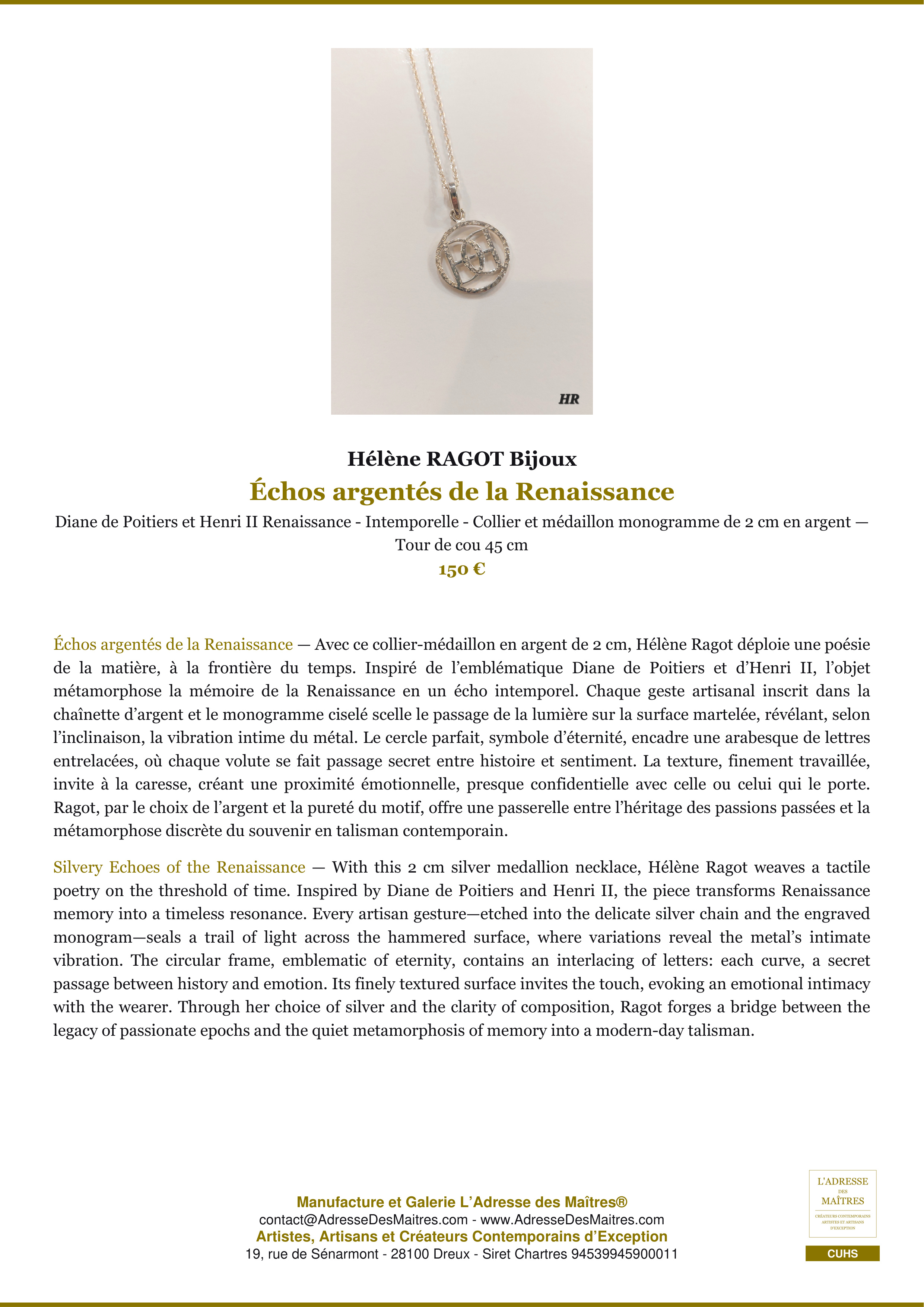 Fiche Premium — Échos argentés de la Renaissance — Hélène RAGOT Bijoux — L'Adresse des Maîtres®