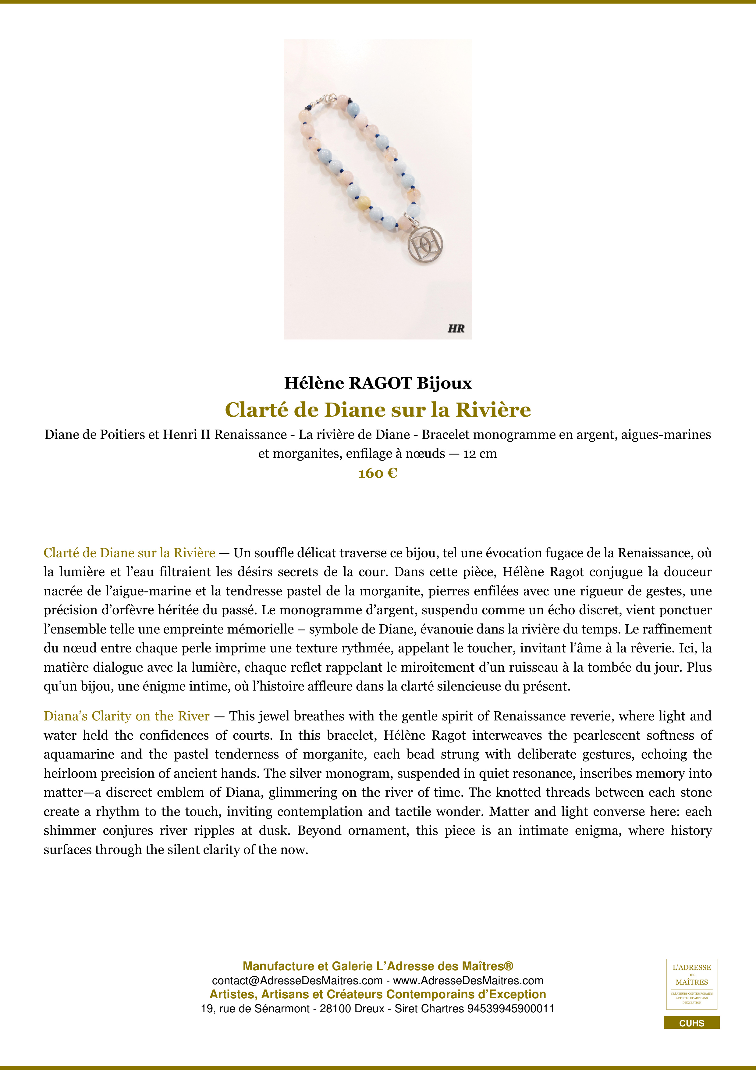 Fiche Premium — Clarté de Diane sur la Rivière — Hélène RAGOT Bijoux — L'Adresse des Maîtres®