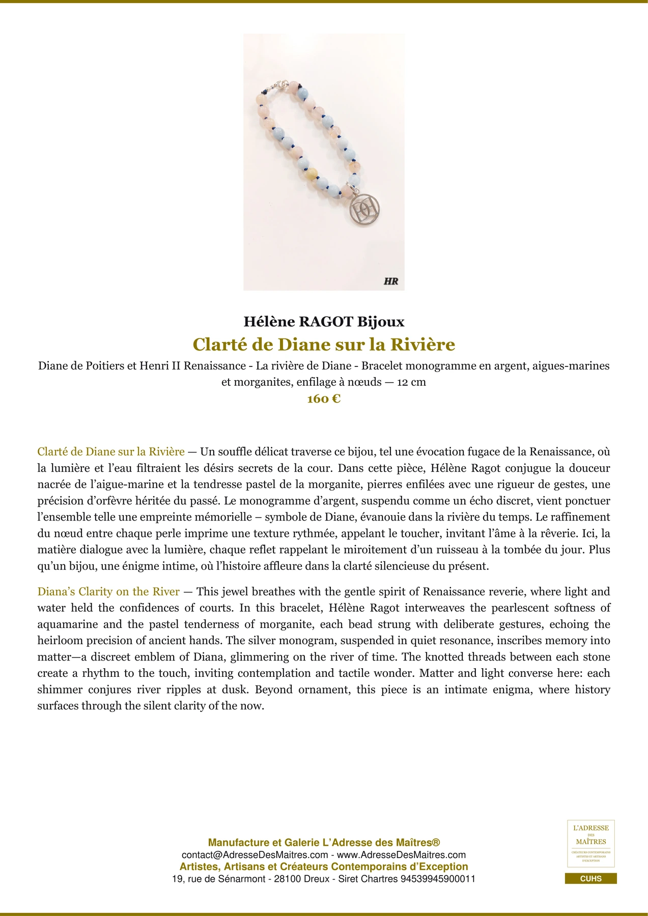 Fiche Premium - Clarté de Diane sur la Rivière - Hélène RAGOT Bijoux - L'Adresse des Maîtres®