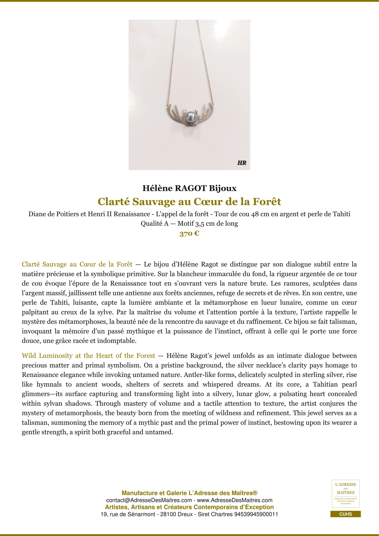 Fiche Premium - Clarté Sauvage au Cœur de la Forêt - Hélène RAGOT Bijoux - L'Adresse des Maîtres®