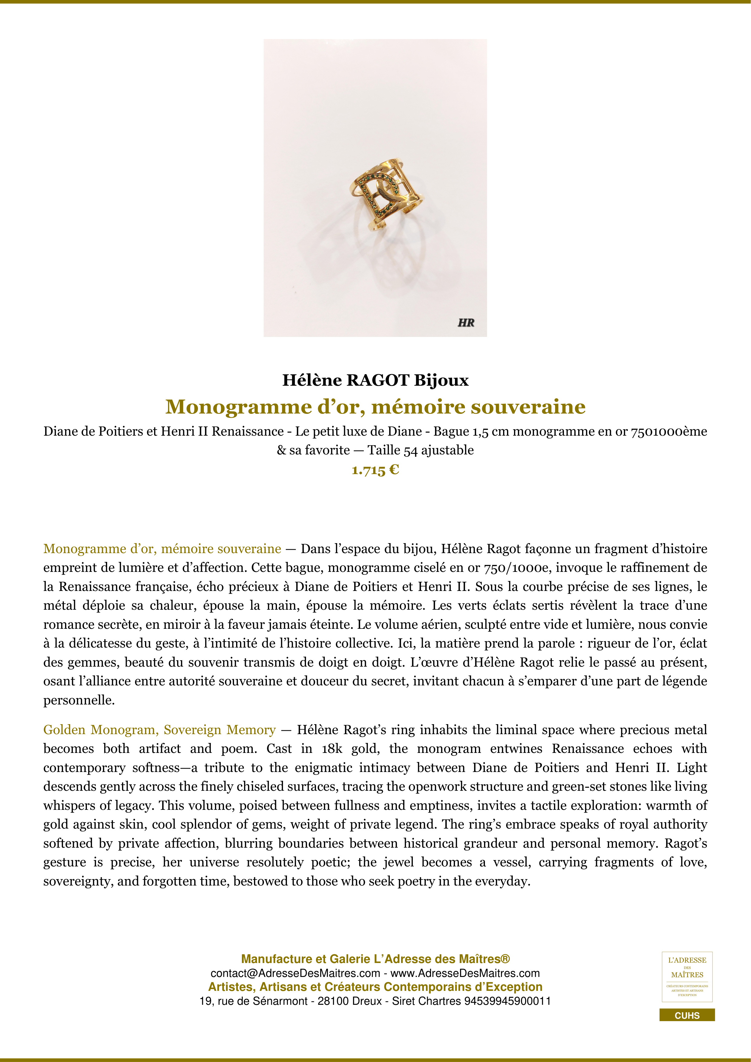 Fiche Premium — Monogramme d’or, mémoire souveraine — Hélène RAGOT Bijoux — L'Adresse des Maîtres®