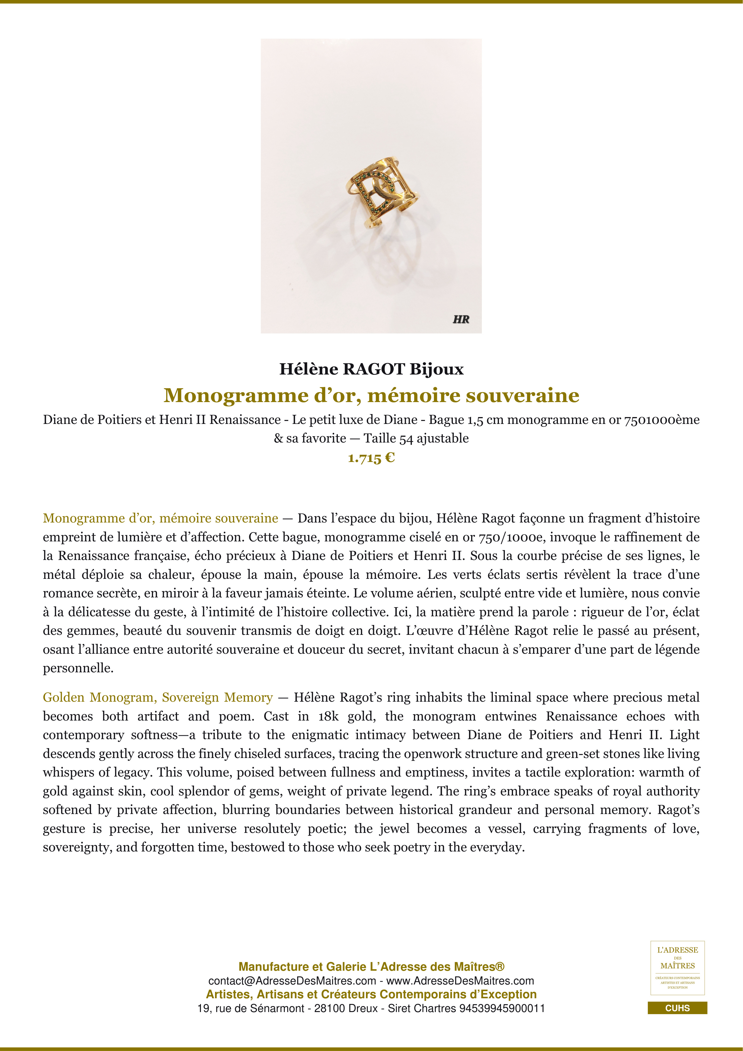 Fiche Premium — Monogramme d’or, mémoire souveraine — Hélène RAGOT Bijoux — L'Adresse des Maîtres®