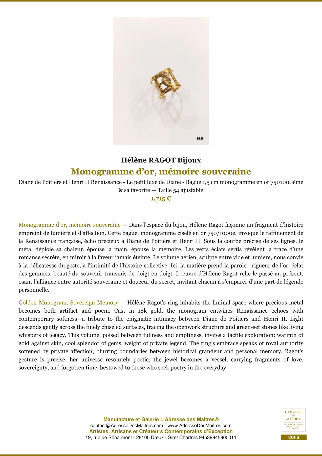 Fiche Premium - Monogramme d’or, mémoire souveraine - Hélène RAGOT Bijoux - L'Adresse des Maîtres®