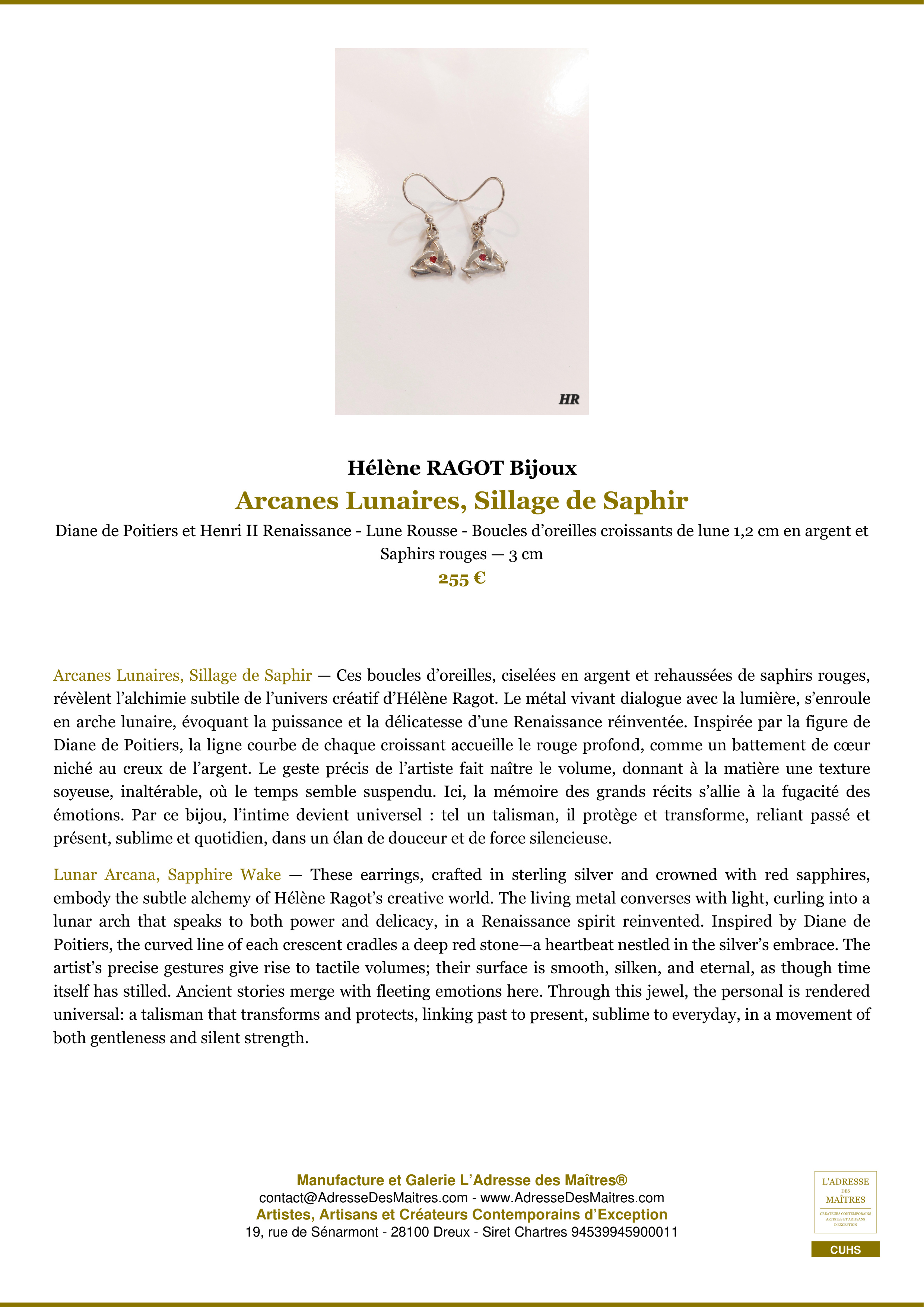 Fiche Premium — Arcanes Lunaires, Sillage de Saphir — Hélène RAGOT Bijoux — L'Adresse des Maîtres®