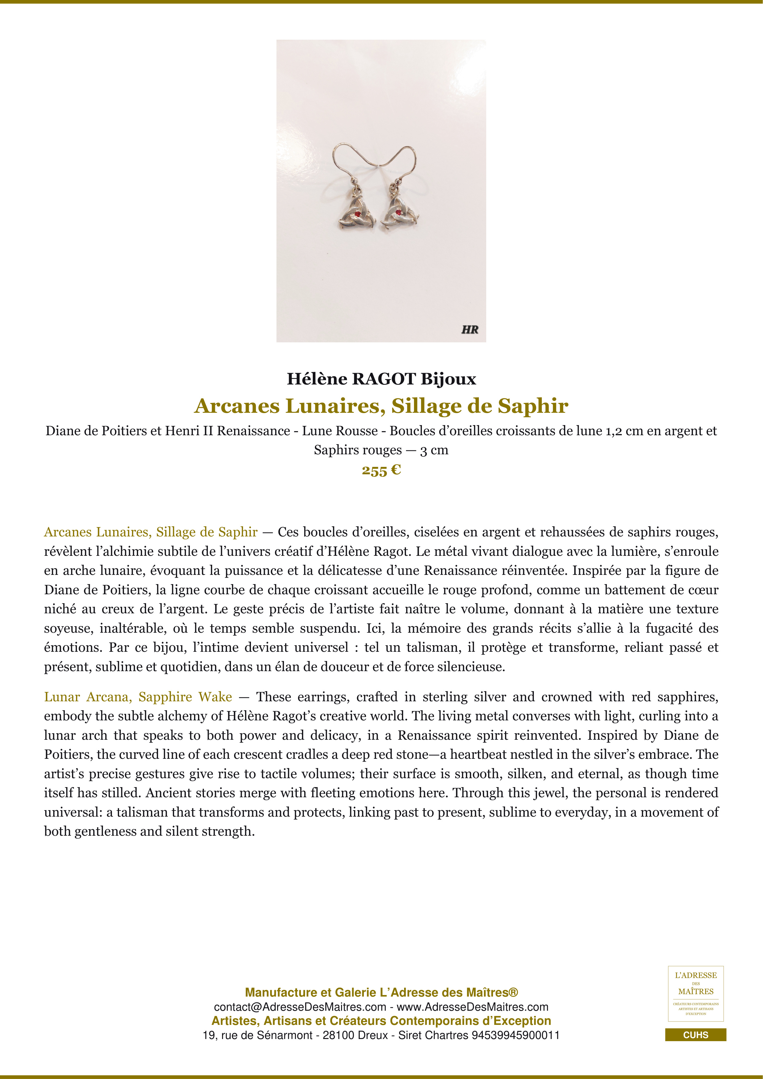 Fiche Premium — Arcanes Lunaires, Sillage de Saphir — Hélène RAGOT Bijoux — L'Adresse des Maîtres®