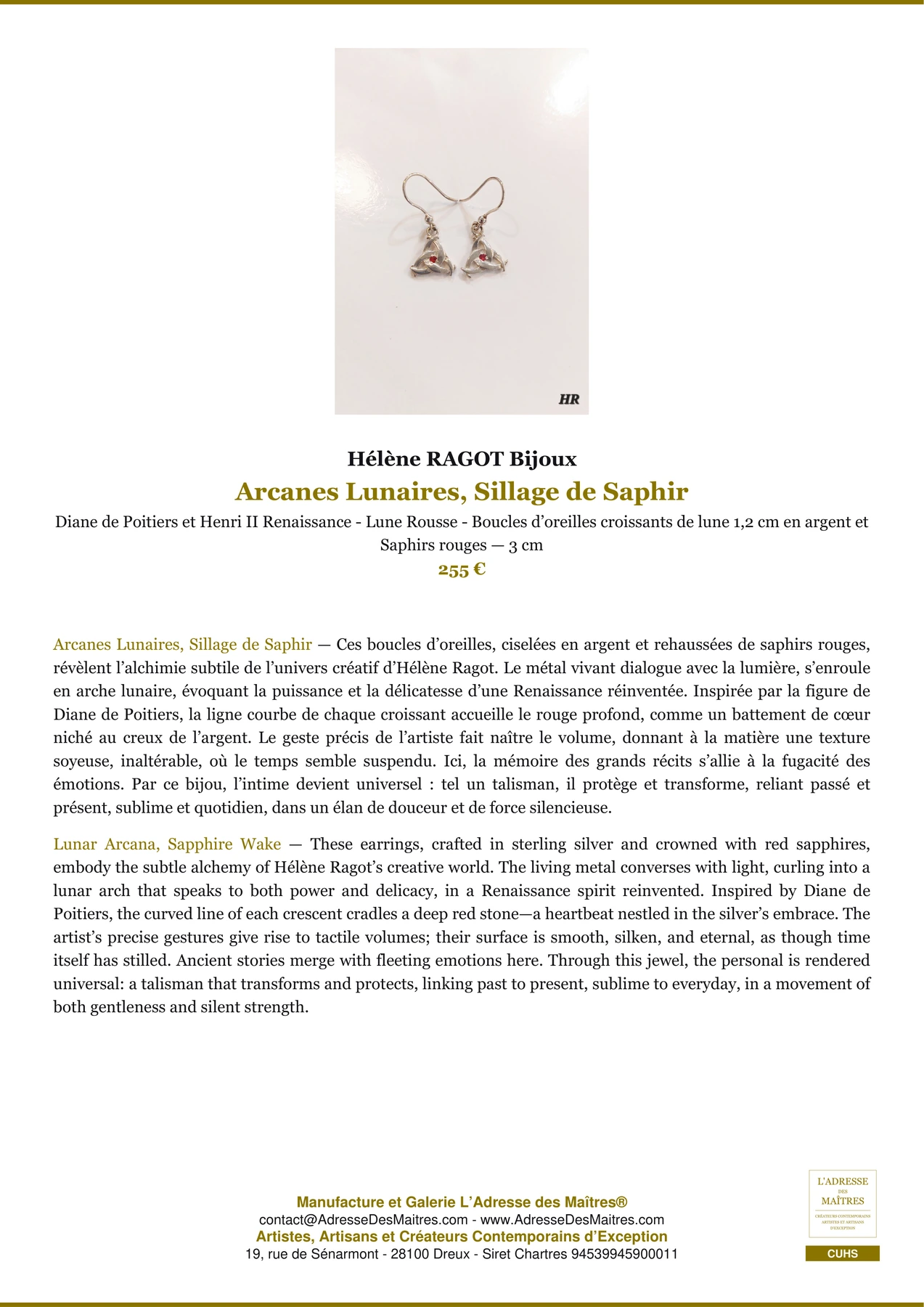Fiche Premium - Arcanes Lunaires, Sillage de Saphir - Hélène RAGOT Bijoux - L'Adresse des Maîtres®
