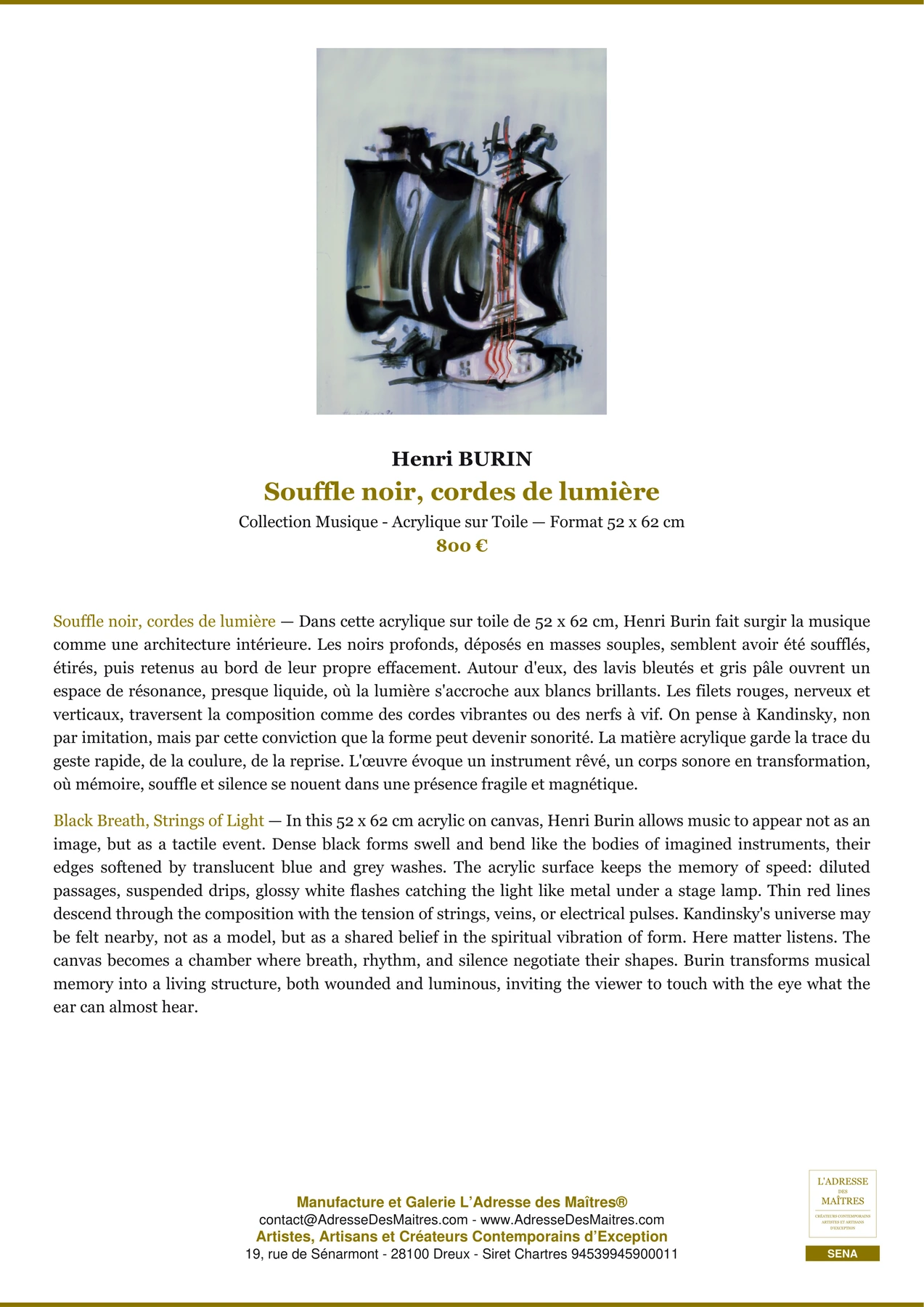 Fiche Premium — Souffle noir, cordes de lumière — Henri BURIN — L'Adresse des Maîtres®