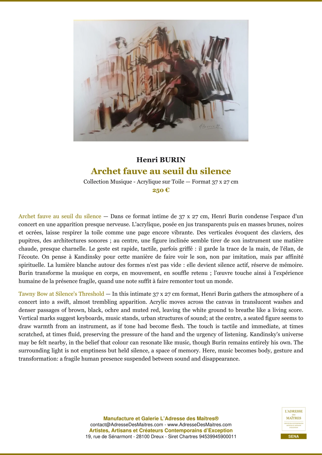Fiche Premium — Archet fauve au seuil du silence — Henri BURIN — L'Adresse des Maîtres®