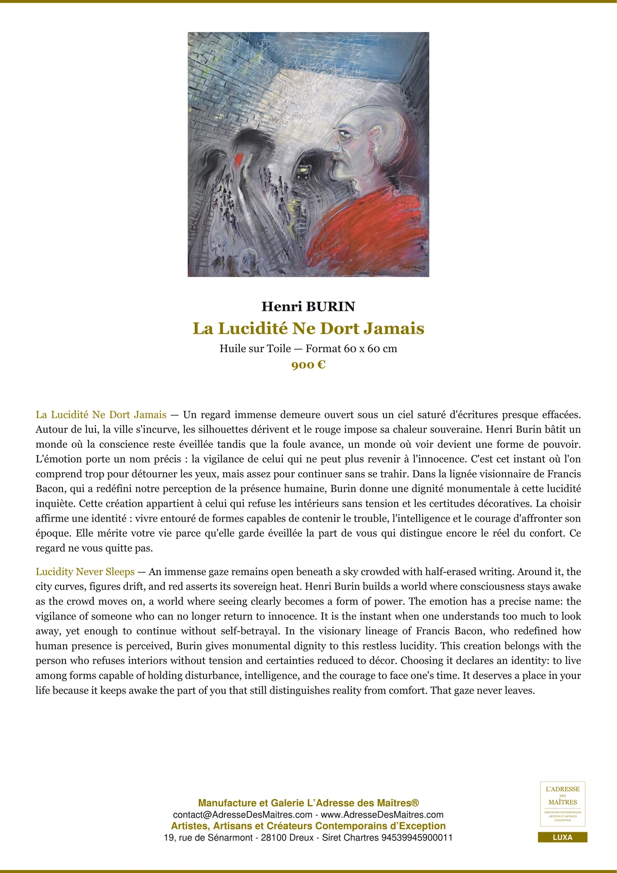 Fiche Premium — La Lucidité Ne Dort Jamais — Henri BURIN — L'Adresse des Maîtres®