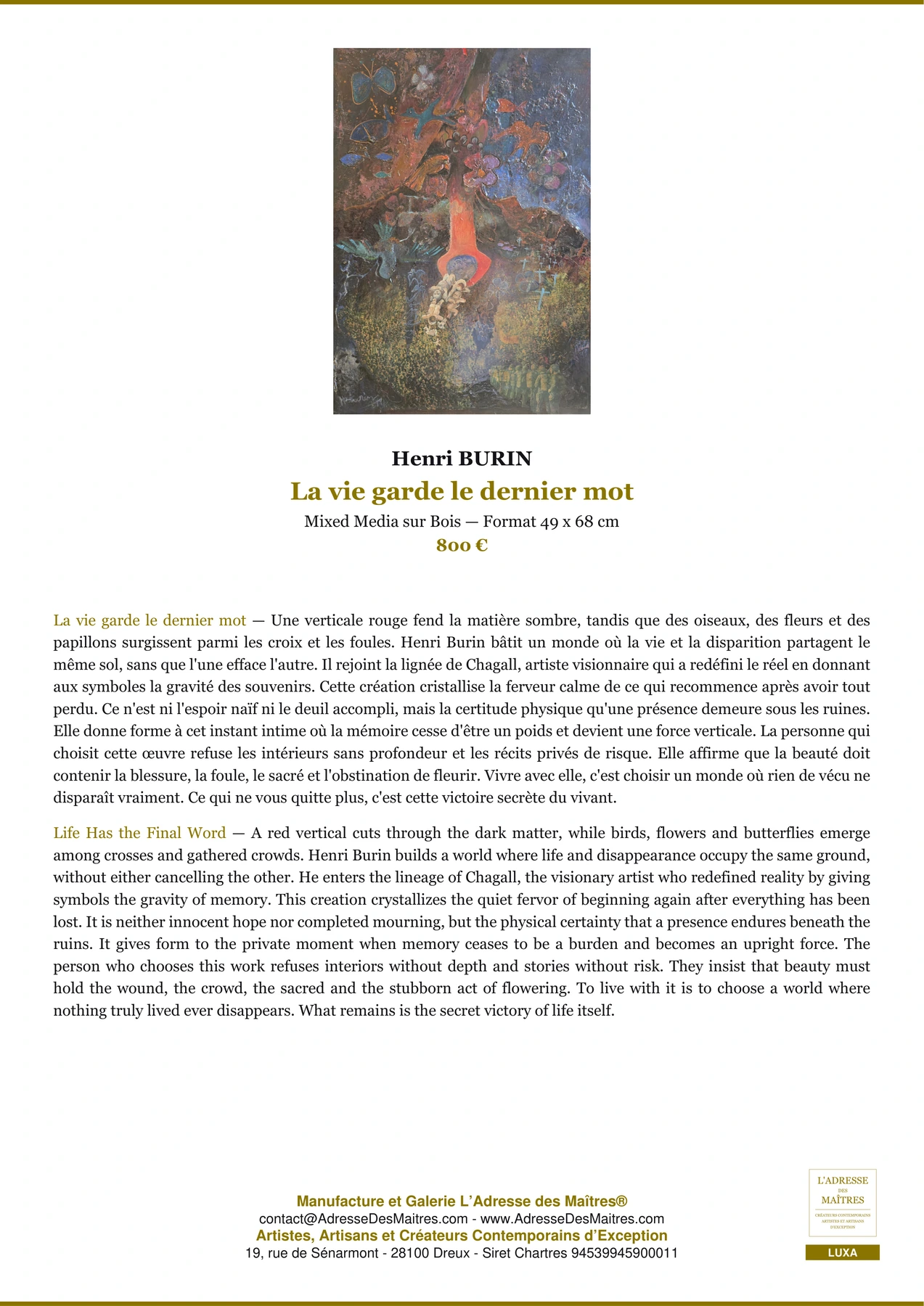 Fiche Premium — La vie garde le dernier mot — Henri BURIN — L'Adresse des Maîtres®
