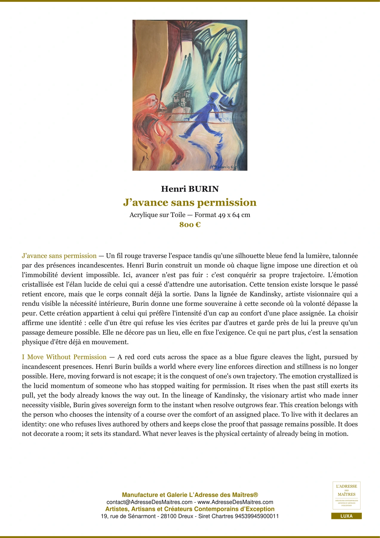 Fiche Premium — J’avance sans permission — Henri BURIN — L'Adresse des Maîtres®