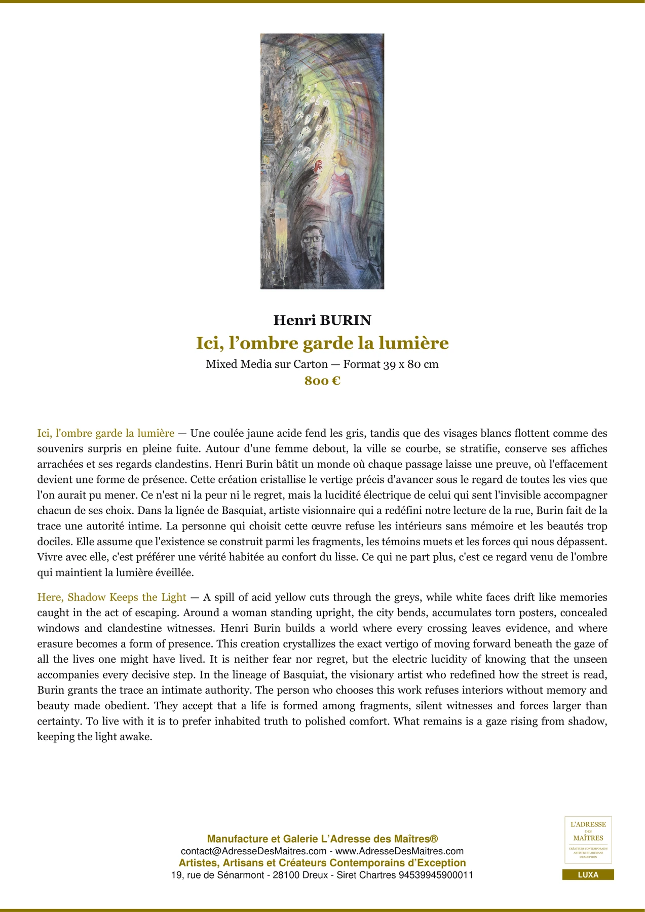 Fiche Premium — Ici, l’ombre garde la lumière — Henri BURIN — L'Adresse des Maîtres®