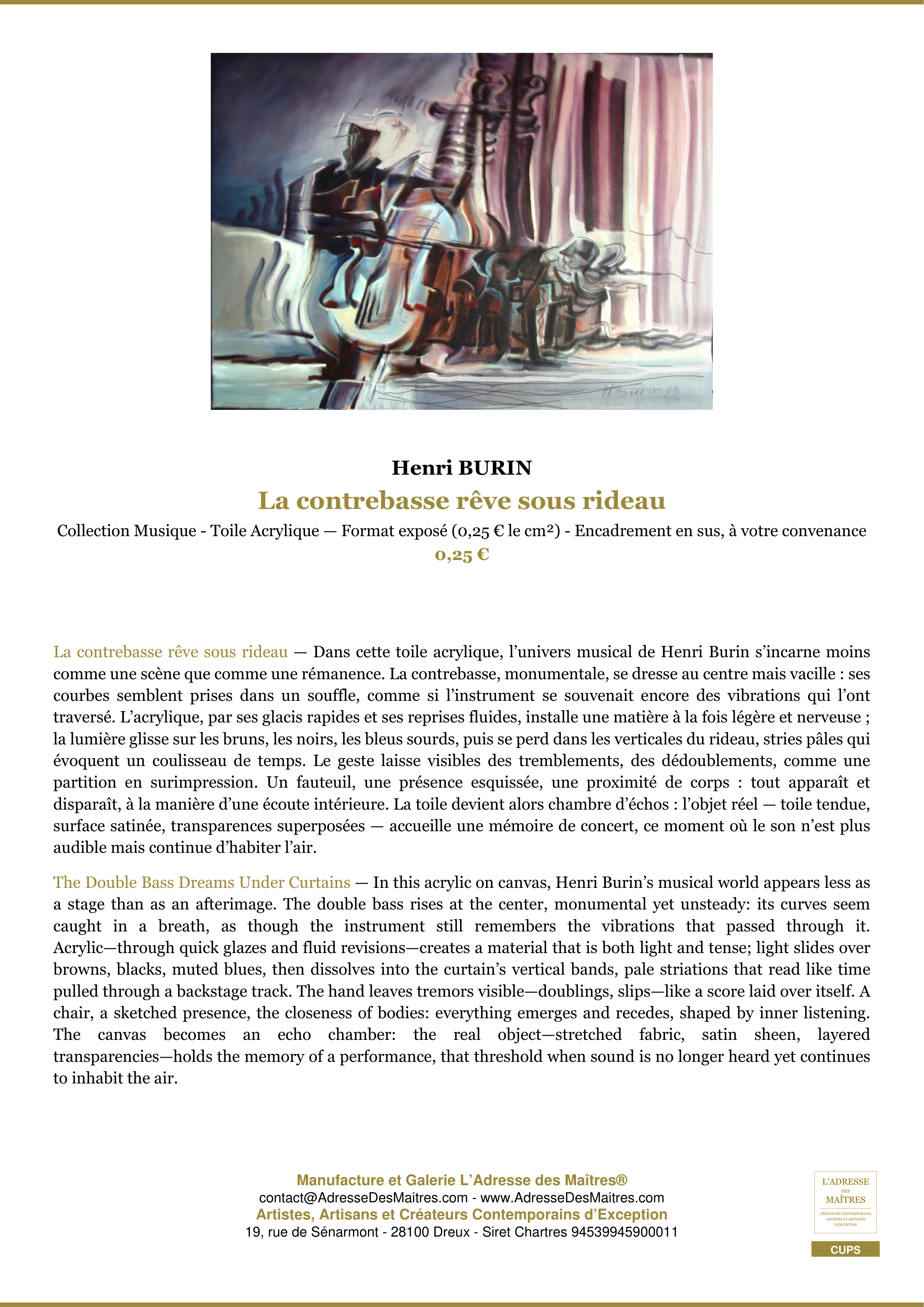 Fiche Premium — La contrebasse rêve sous rideau — Henri BURIN — L'Adresse des Maîtres®