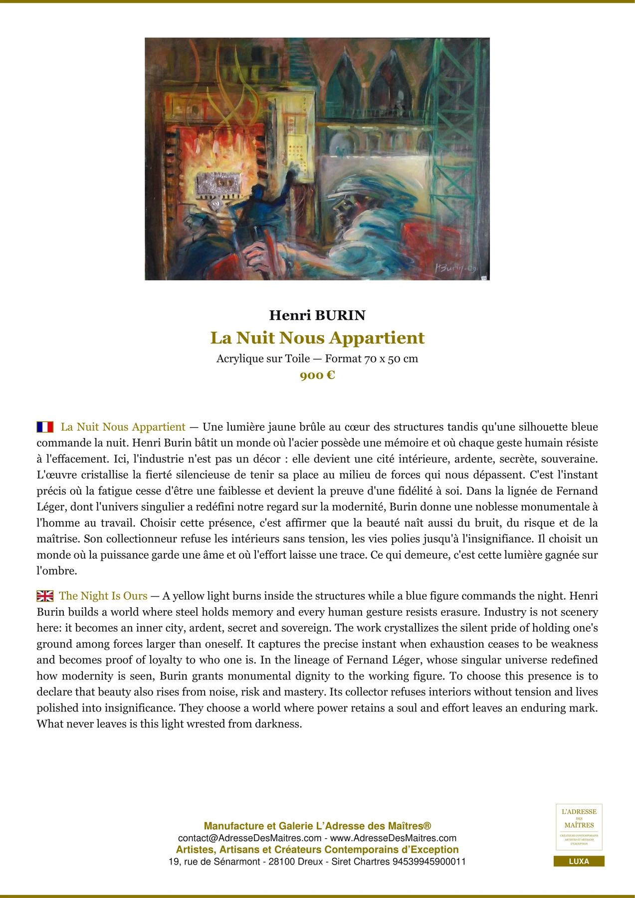 La Nuit Nous Appartient — Fiche Premium, Acrylique sur Toile 70 x 50 cm, Henri BURIN