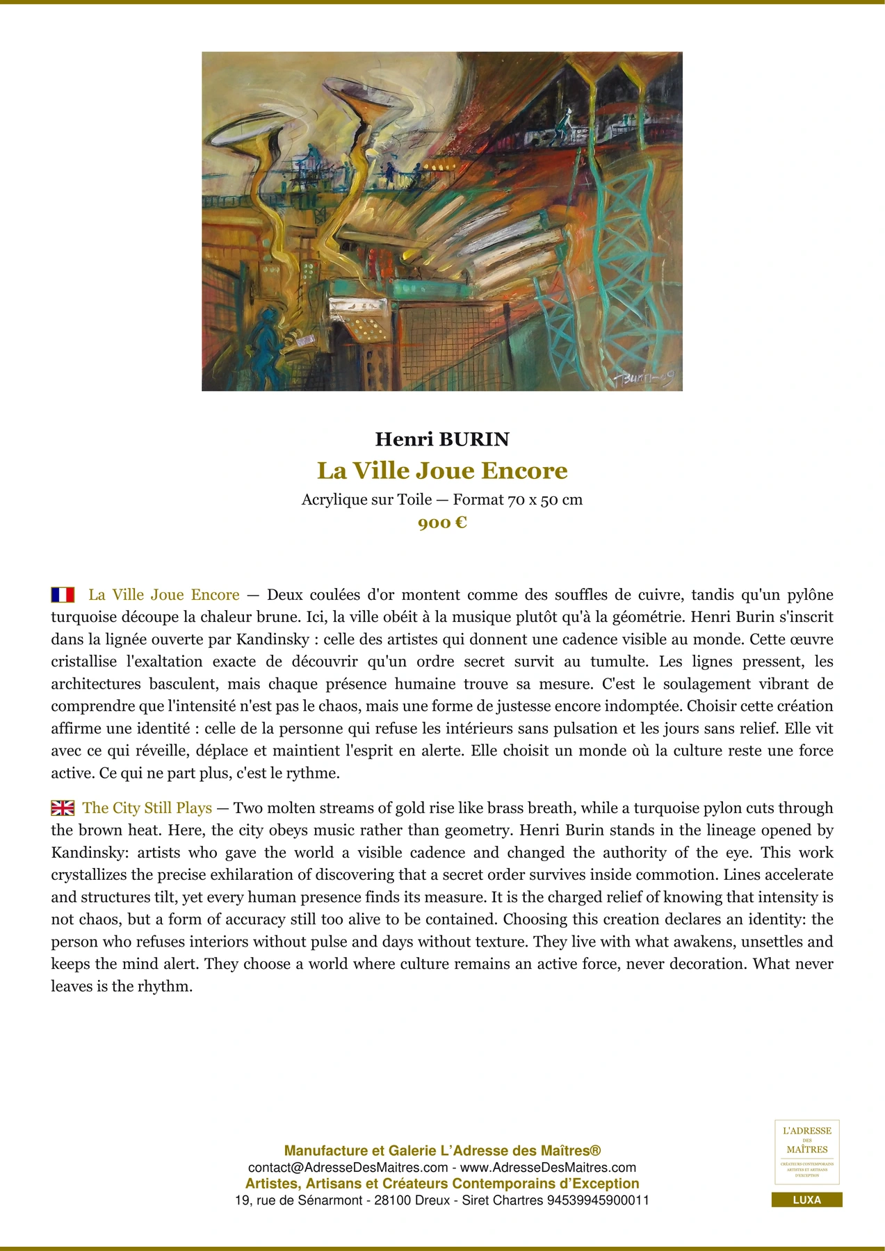Fiche Premium - La Ville Joue Encore - Henri BURIN - L'Adresse des Maîtres®