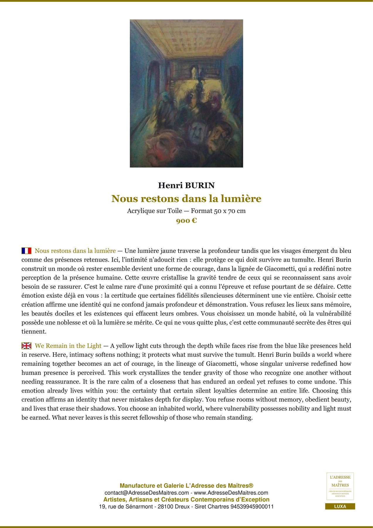 Fiche Premium - Nous restons dans la lumière - Henri BURIN - L'Adresse des Maîtres®