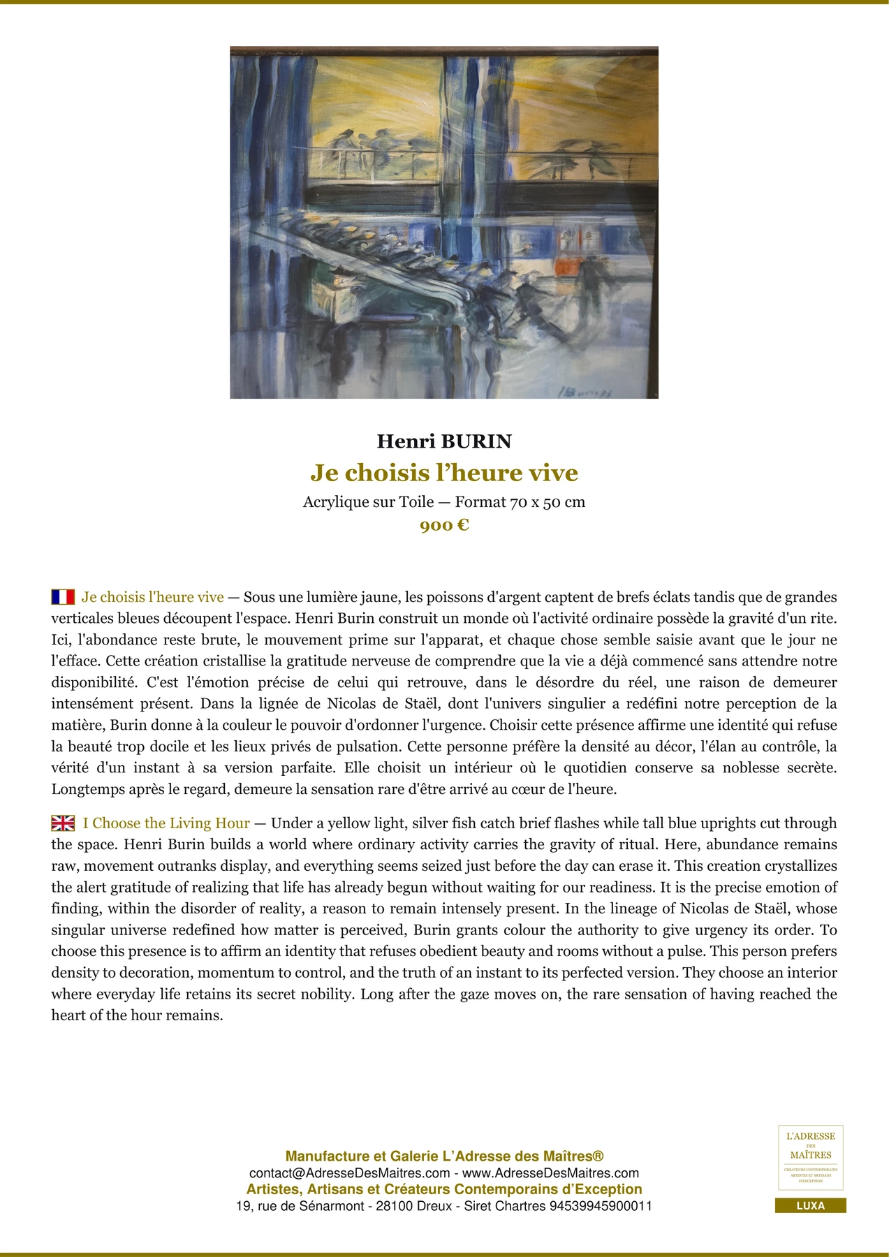 Fiche Premium - Je choisis l’heure vive - Henri BURIN - L'Adresse des Maîtres®