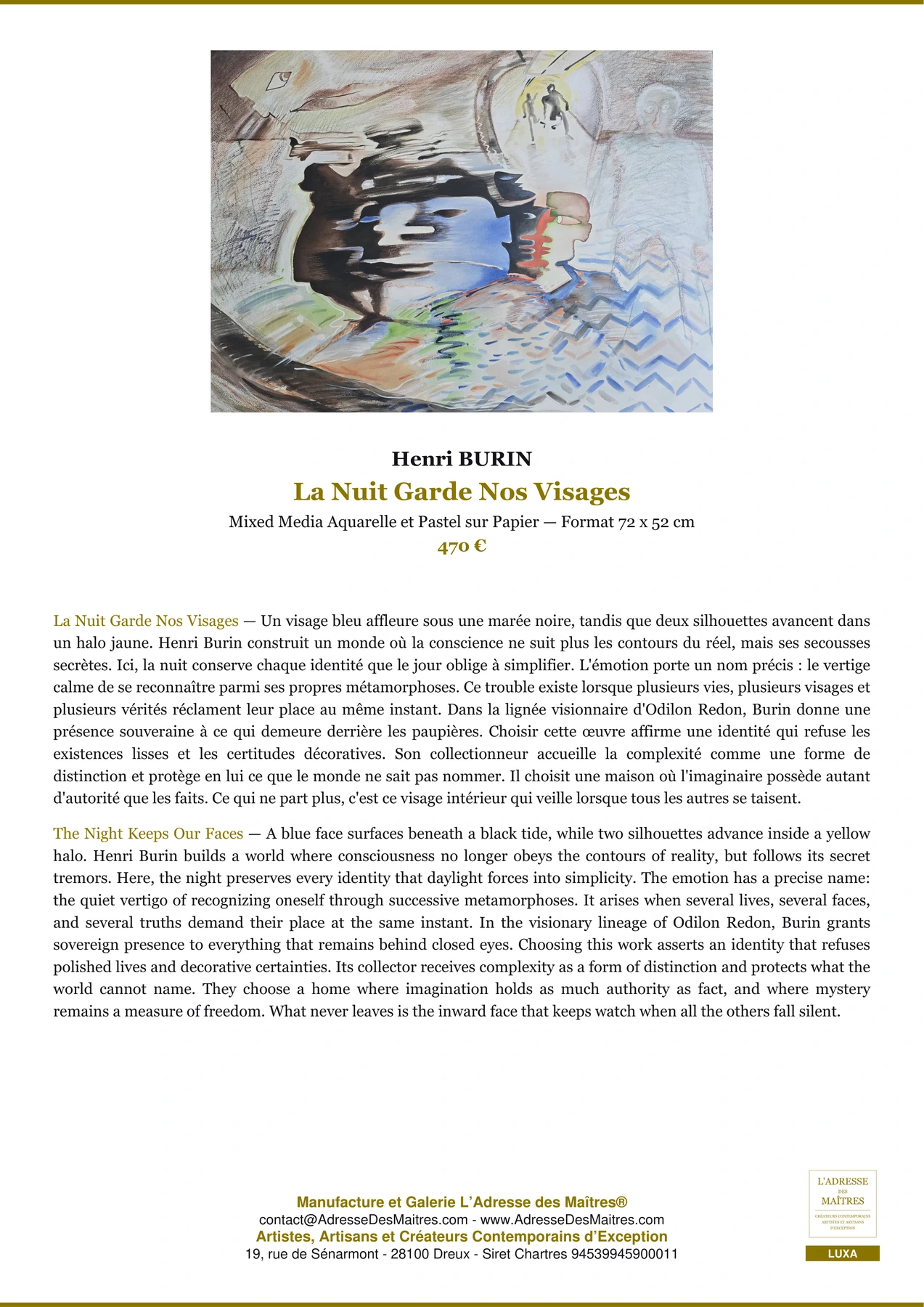 Fiche Premium — La Nuit Garde Nos Visages — Henri BURIN — L'Adresse des Maîtres®
