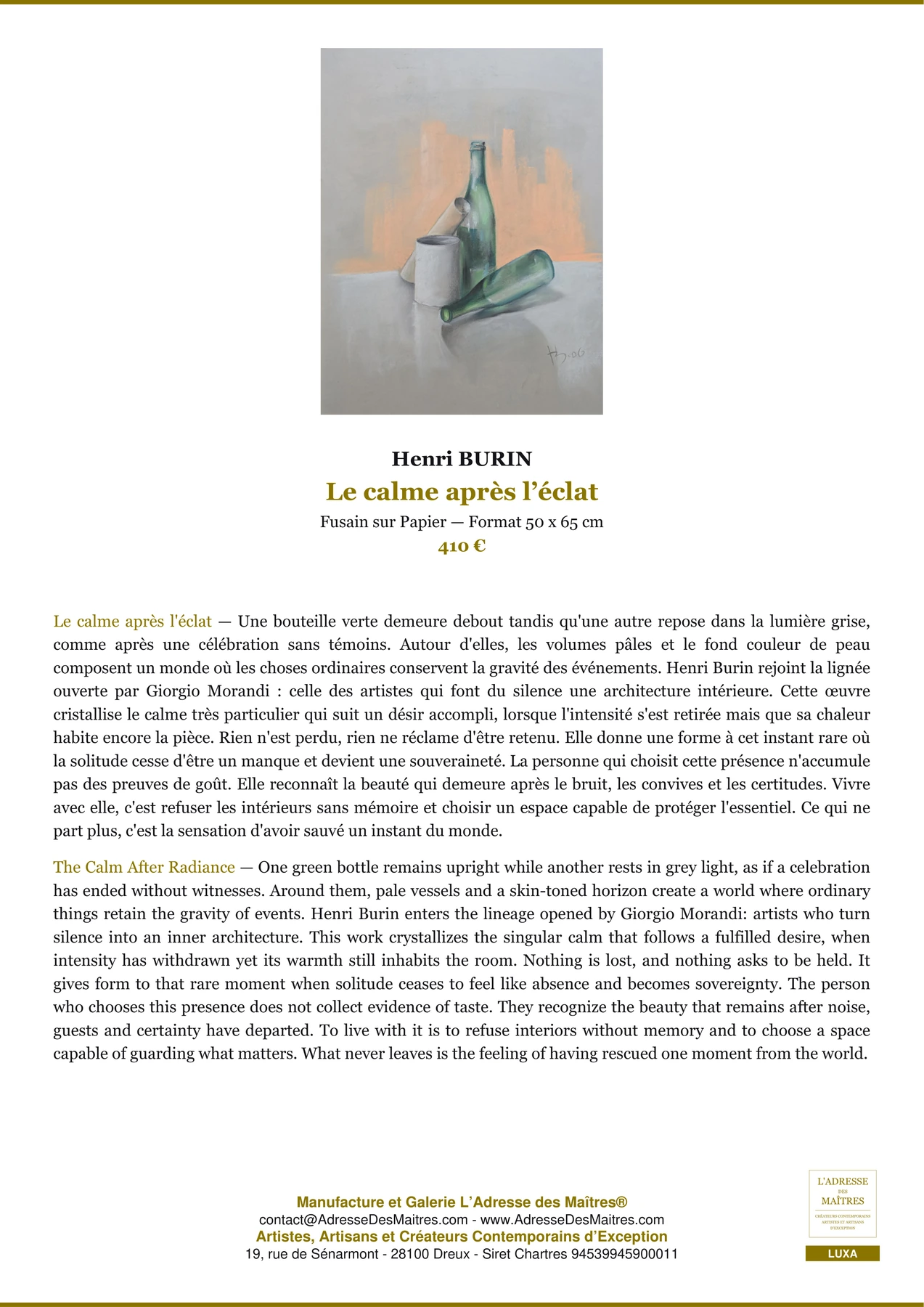 Fiche Premium — Le calme après l’éclat — Henri BURIN — L'Adresse des Maîtres®