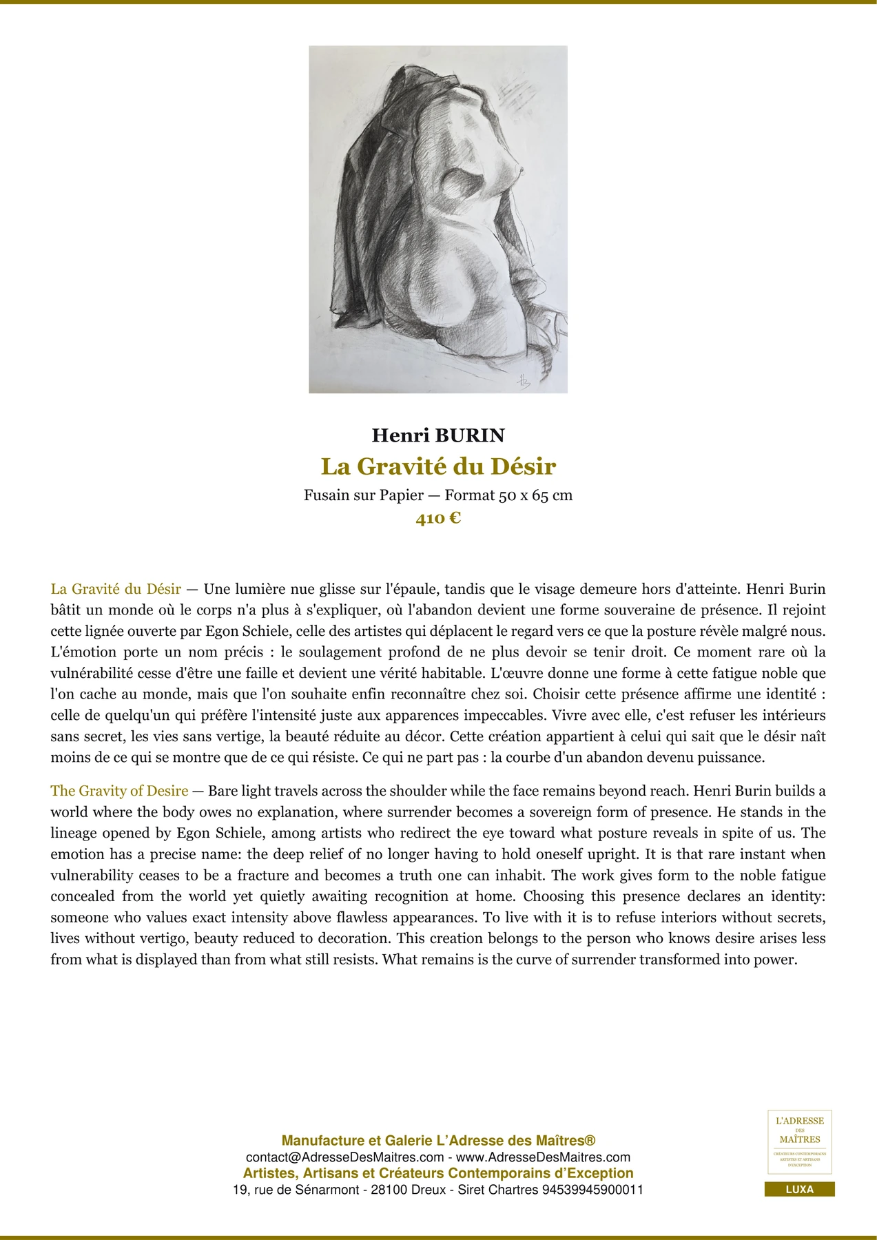 Fiche Premium — La Gravité du Désir — Henri BURIN — L'Adresse des Maîtres®