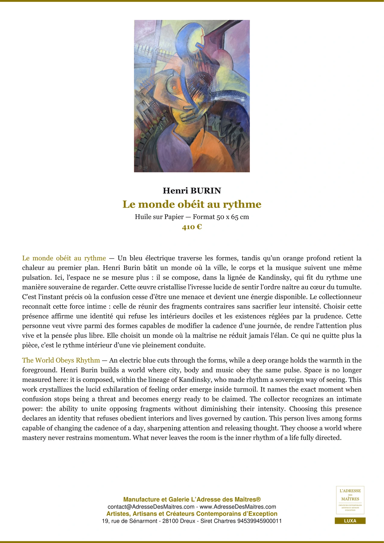 Fiche Premium — Le monde obéit au rythme — Henri BURIN — L'Adresse des Maîtres®
