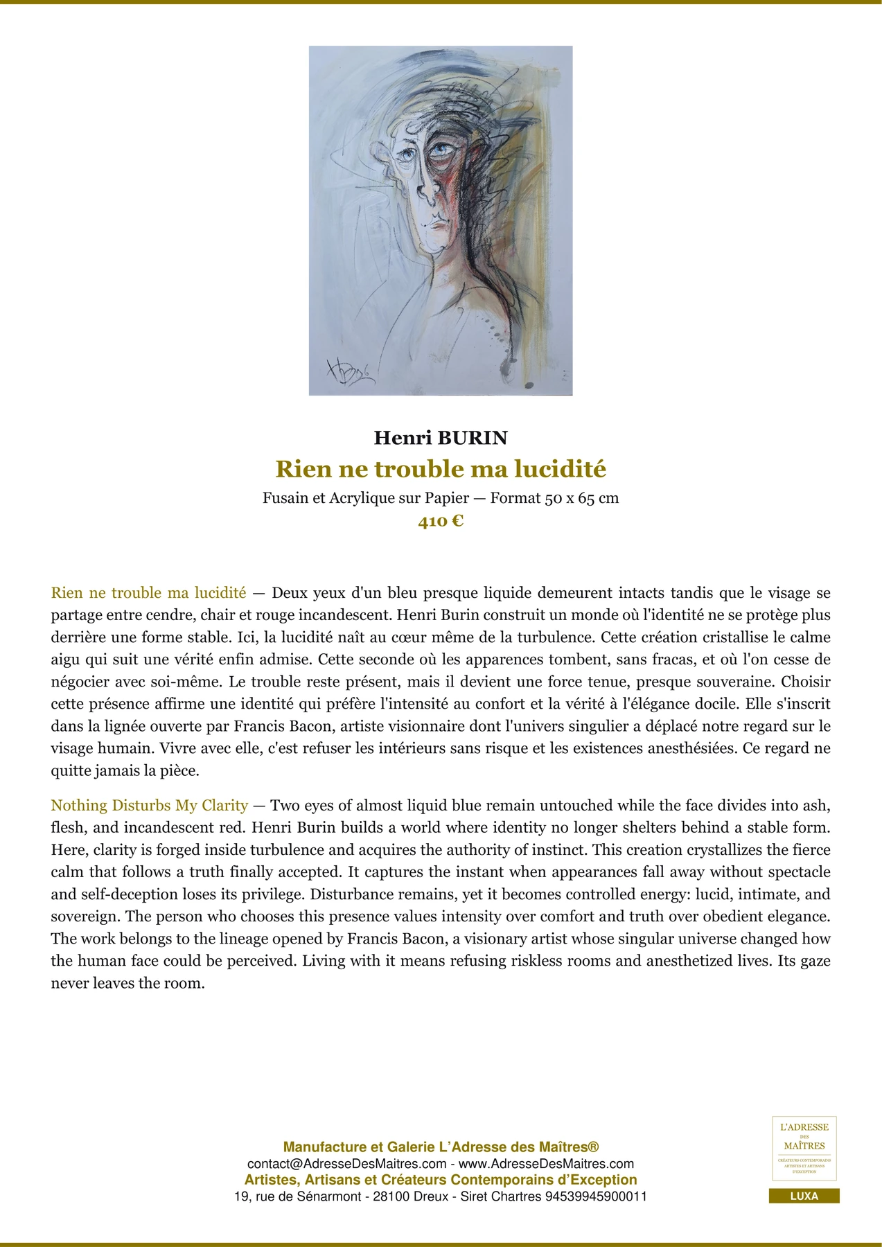 Fiche Premium — Rien ne trouble ma lucidité — Henri BURIN — L'Adresse des Maîtres®