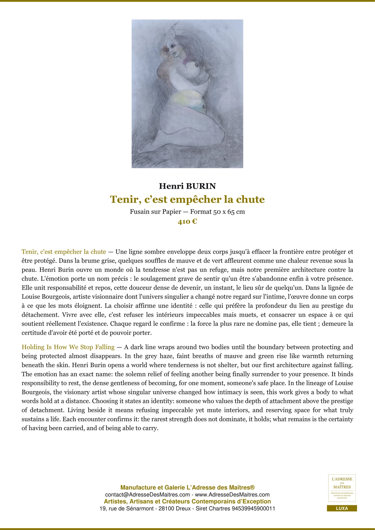 Fiche Premium — Tenir, c’est empêcher la chute — Henri BURIN — L'Adresse des Maîtres®