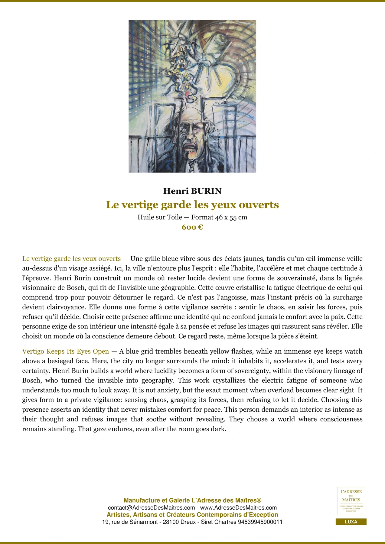 Fiche Premium — Le vertige garde les yeux ouverts — Henri BURIN — L'Adresse des Maîtres®