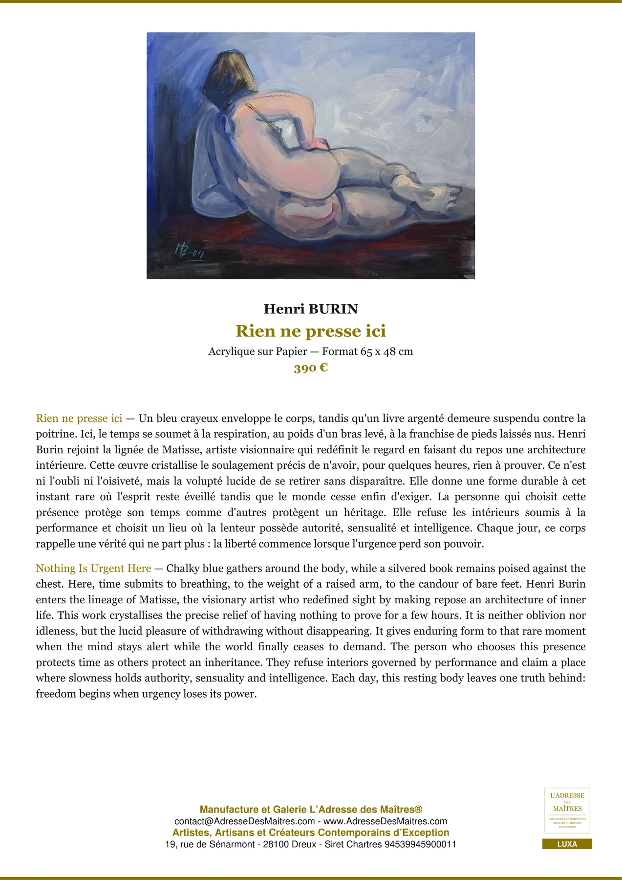 Fiche Premium — Rien ne presse ici — Henri BURIN — L'Adresse des Maîtres®