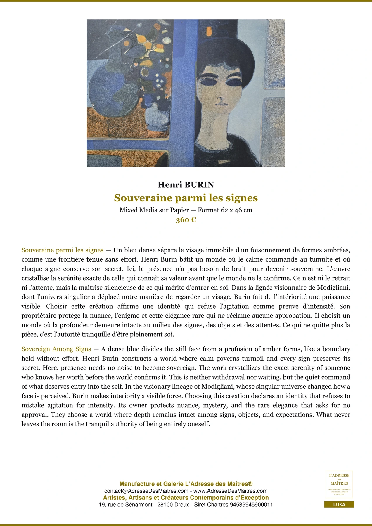 Fiche Premium — Souveraine parmi les signes — Henri BURIN — L'Adresse des Maîtres®