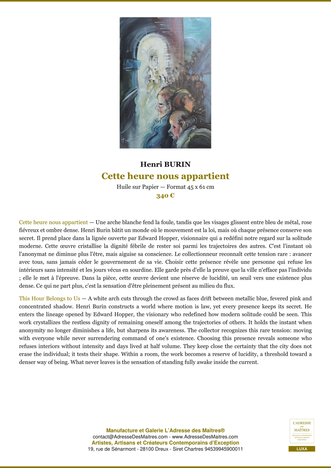 Fiche Premium — Cette heure nous appartient — Henri BURIN — L'Adresse des Maîtres®