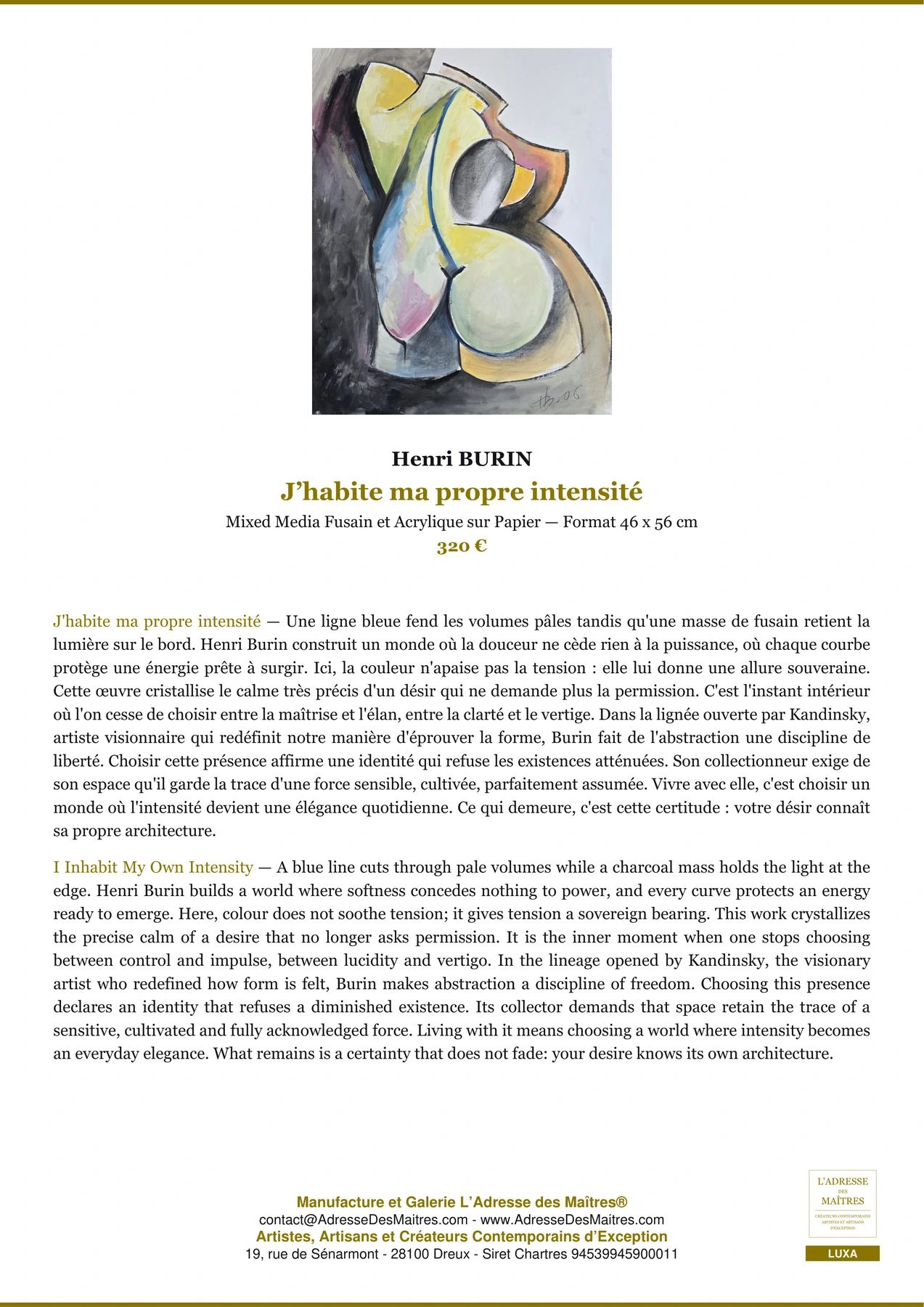 Fiche Premium — J’habite ma propre intensité — Henri BURIN — L'Adresse des Maîtres®