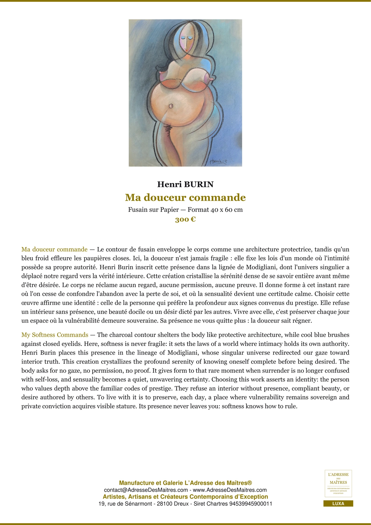 Fiche Premium — Ma douceur commande — Henri BURIN — L'Adresse des Maîtres®