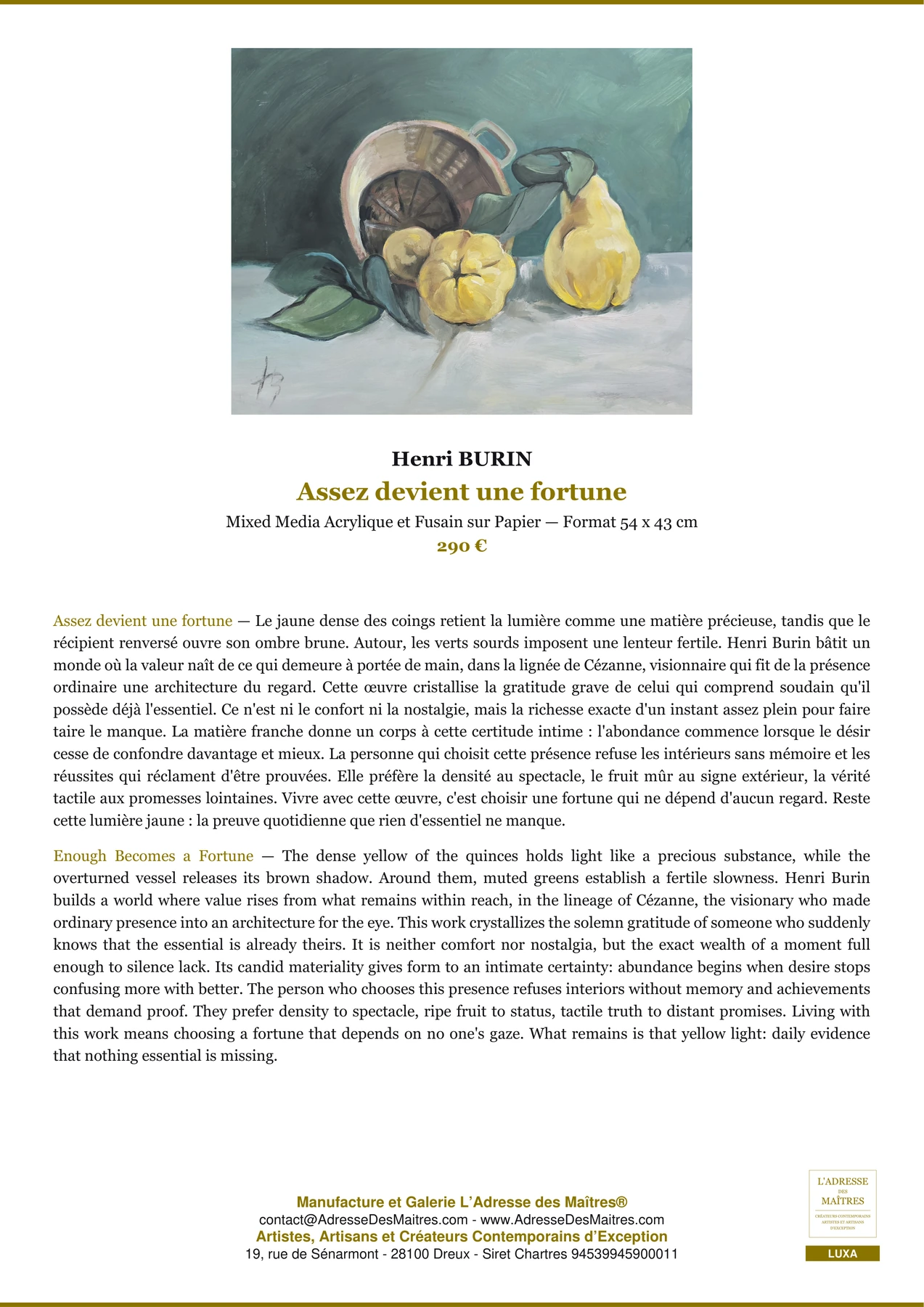 Fiche Premium — Assez devient une fortune — Henri BURIN — L'Adresse des Maîtres®